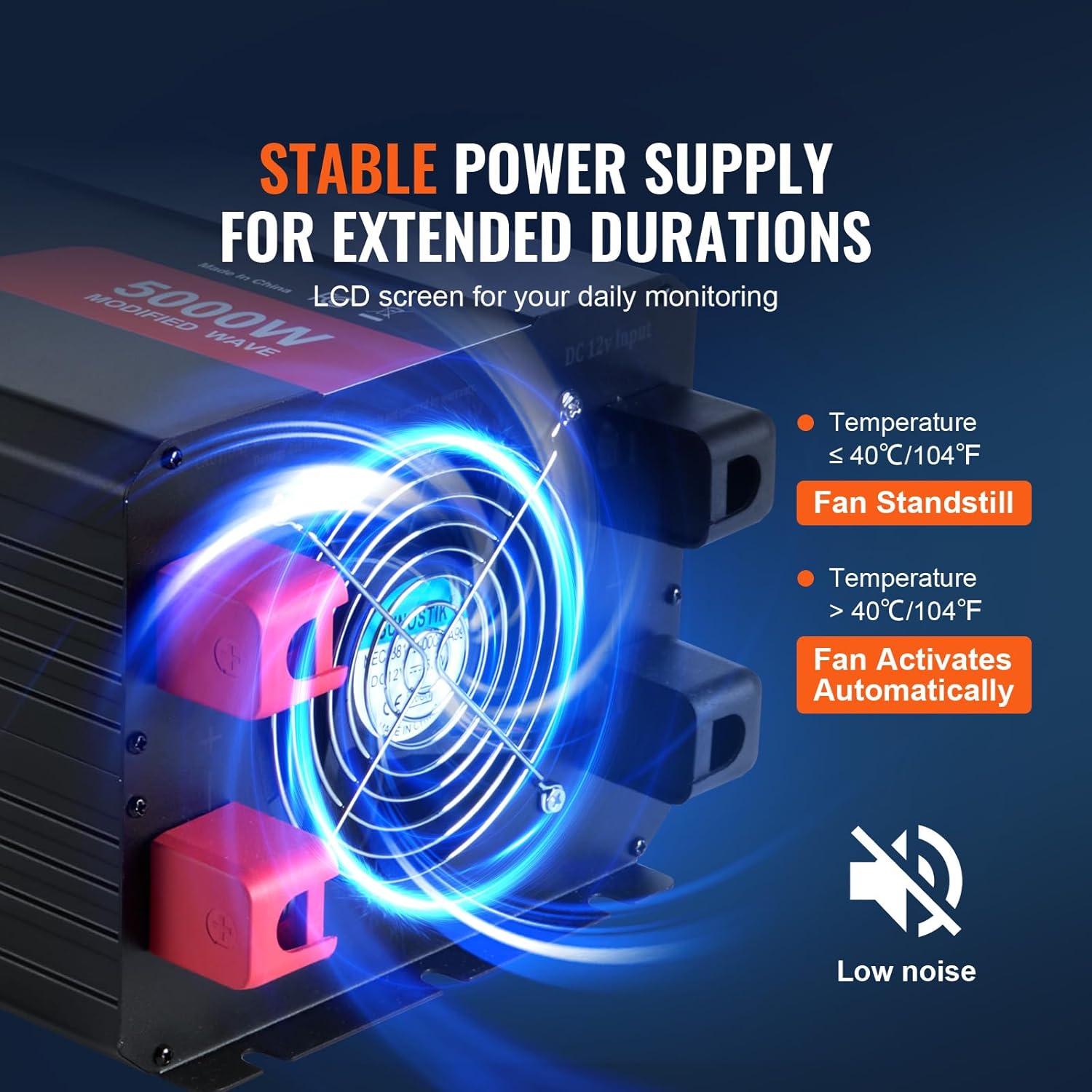 image:imageVEVOR Modified Sine Wave Inverter 1500W DC 12V to AC 120V Power Inverter with 2 AC Outlets 2 USB Port 1 TypeC Port 6 Spare Fuses for Small Home Devices Like Smartphone Laptop CE FCC Certified5000 Watt