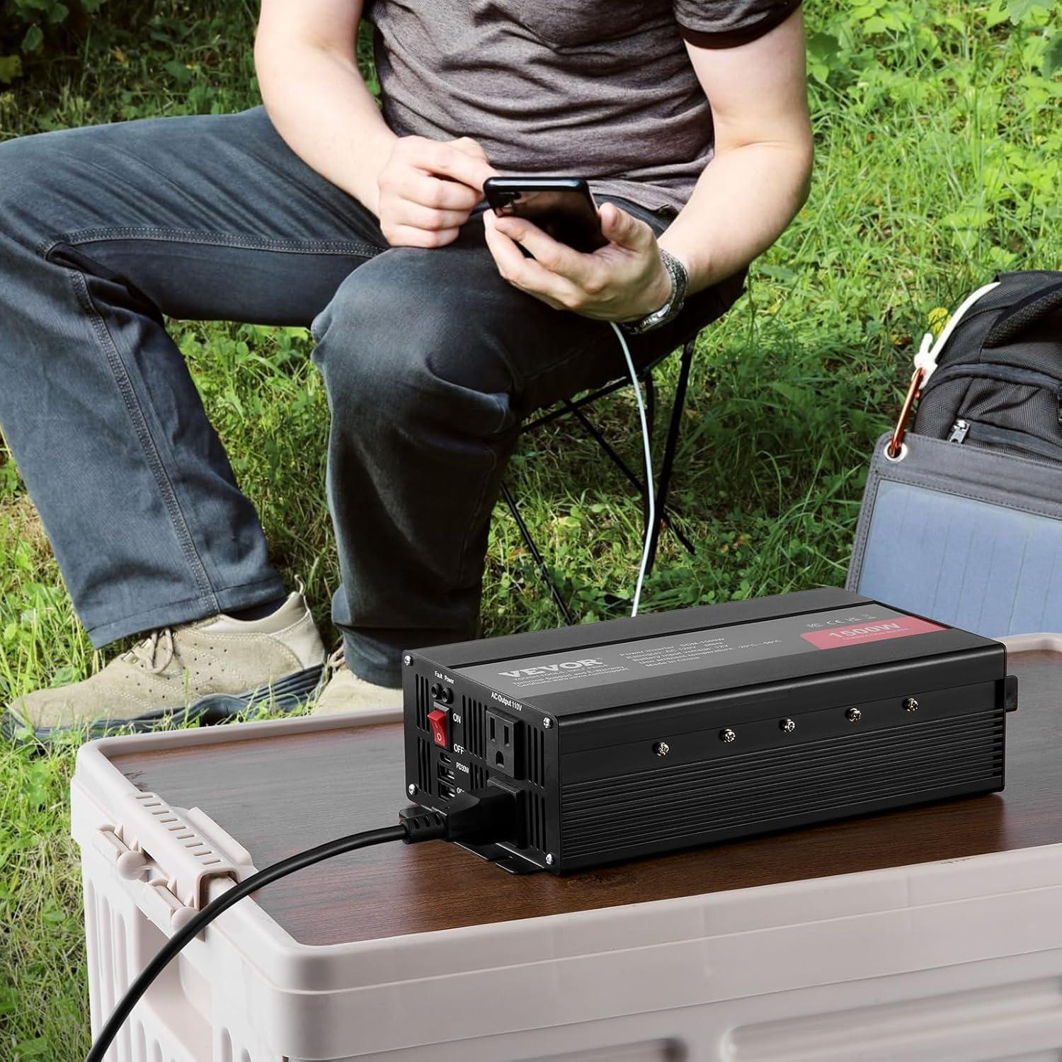 image:imageVEVOR Modified Sine Wave Inverter 1500W DC 12V to AC 120V Power Inverter with 2 AC Outlets 2 USB Port 1 TypeC Port 6 Spare Fuses for Small Home Devices Like Smartphone Laptop CE FCC Certified1500W