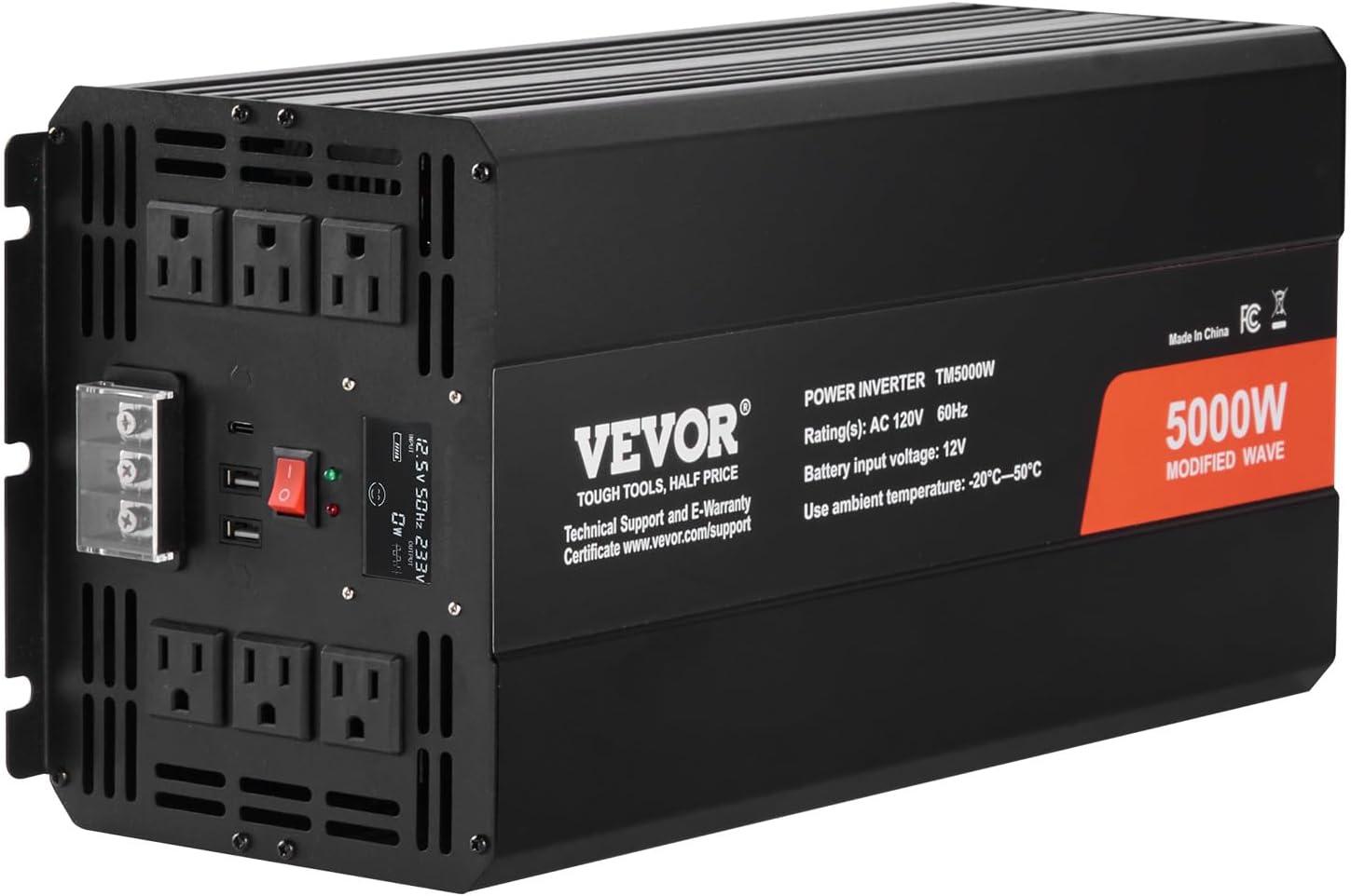 image:imageVEVOR Modified Sine Wave Inverter 1500W DC 12V to AC 120V Power Inverter with 2 AC Outlets 2 USB Port 1 TypeC Port 6 Spare Fuses for Small Home Devices Like Smartphone Laptop CE FCC Certified5000 Watt