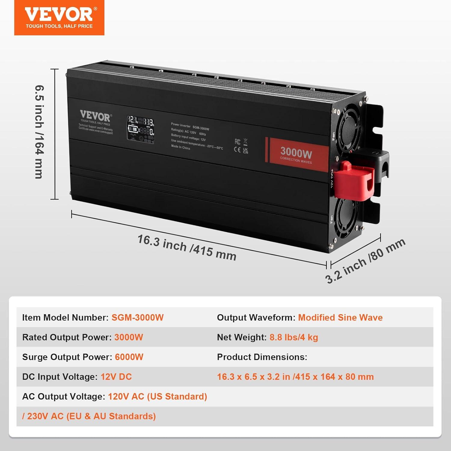 image:imageVEVOR Modified Sine Wave Inverter 1500W DC 12V to AC 120V Power Inverter with 2 AC Outlets 2 USB Port 1 TypeC Port 6 Spare Fuses for Small Home Devices Like Smartphone Laptop CE FCC Certified3000 Watt