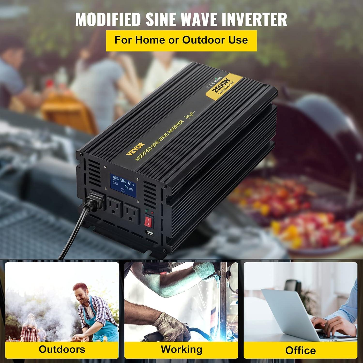 image:imageVEVOR Modified Sine Wave Inverter 1500W DC 12V to AC 120V Power Inverter with 2 AC Outlets 2 USB Port 1 TypeC Port 6 Spare Fuses for Small Home Devices Like Smartphone Laptop CE FCC Certified2500W