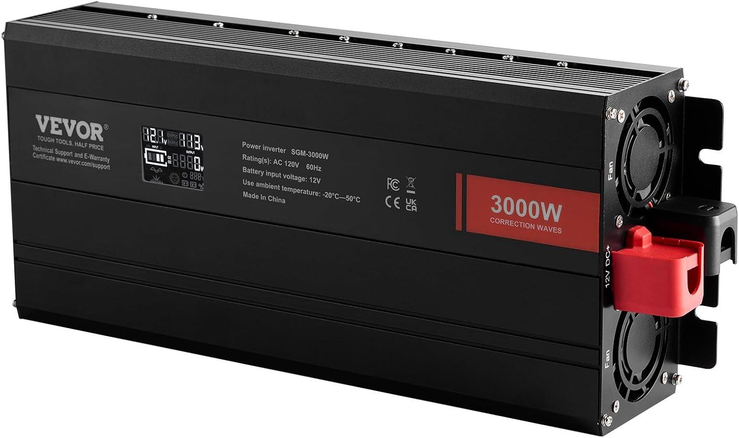 image:imageVEVOR Modified Sine Wave Inverter 1500W DC 12V to AC 120V Power Inverter with 2 AC Outlets 2 USB Port 1 TypeC Port 6 Spare Fuses for Small Home Devices Like Smartphone Laptop CE FCC Certified3000 Watt