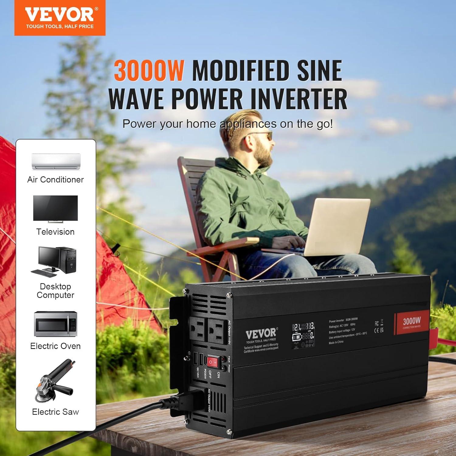 image:imageVEVOR Modified Sine Wave Inverter 1500W DC 12V to AC 120V Power Inverter with 2 AC Outlets 2 USB Port 1 TypeC Port 6 Spare Fuses for Small Home Devices Like Smartphone Laptop CE FCC Certified3000 Watt