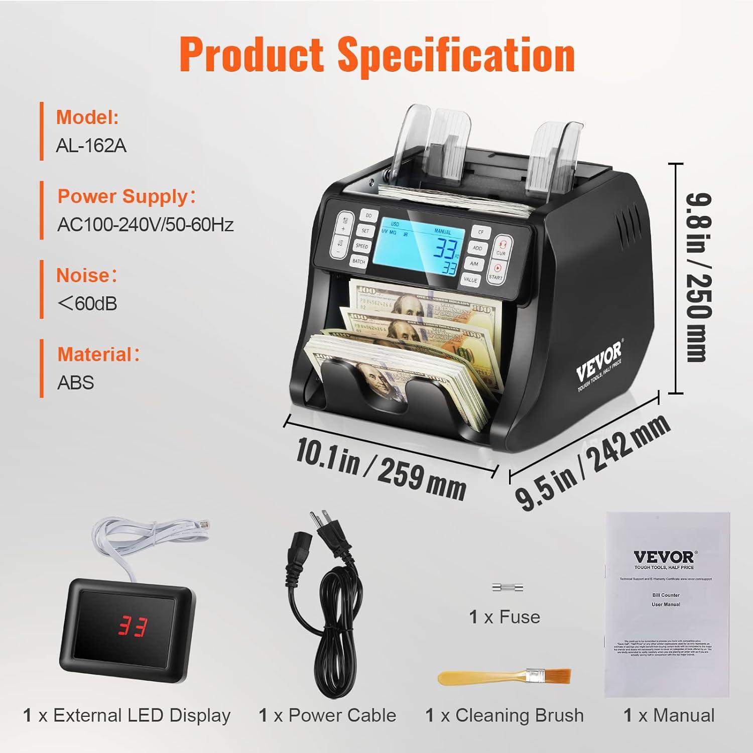 image:imageVEVOR Money Counter Machine Bill Counter with UVMGIRDDDBLHLFCHN Counterfeit Detection CountingValue CountAddBatch Modes USDEUR Money Counting Machine with LCD Display for Small BusinessBusiness Grade
