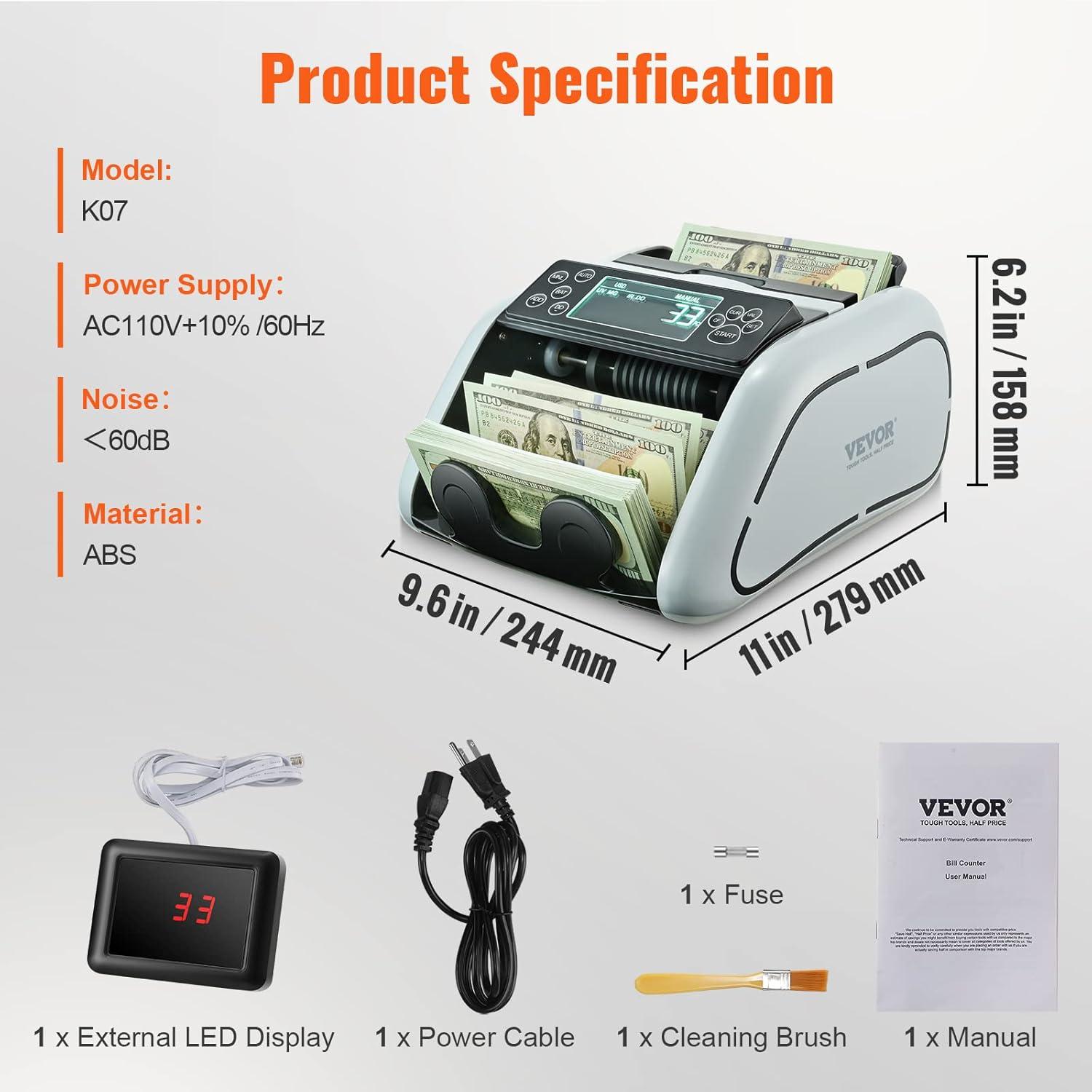 image:imageVEVOR Money Counter Machine Bill Counter with UVMGIRDDDBLHLFCHN Counterfeit Detection CountingValue CountAddBatch Modes USDEUR Money Counting Machine with LCD Display for Small BusinessSmall Business Grade