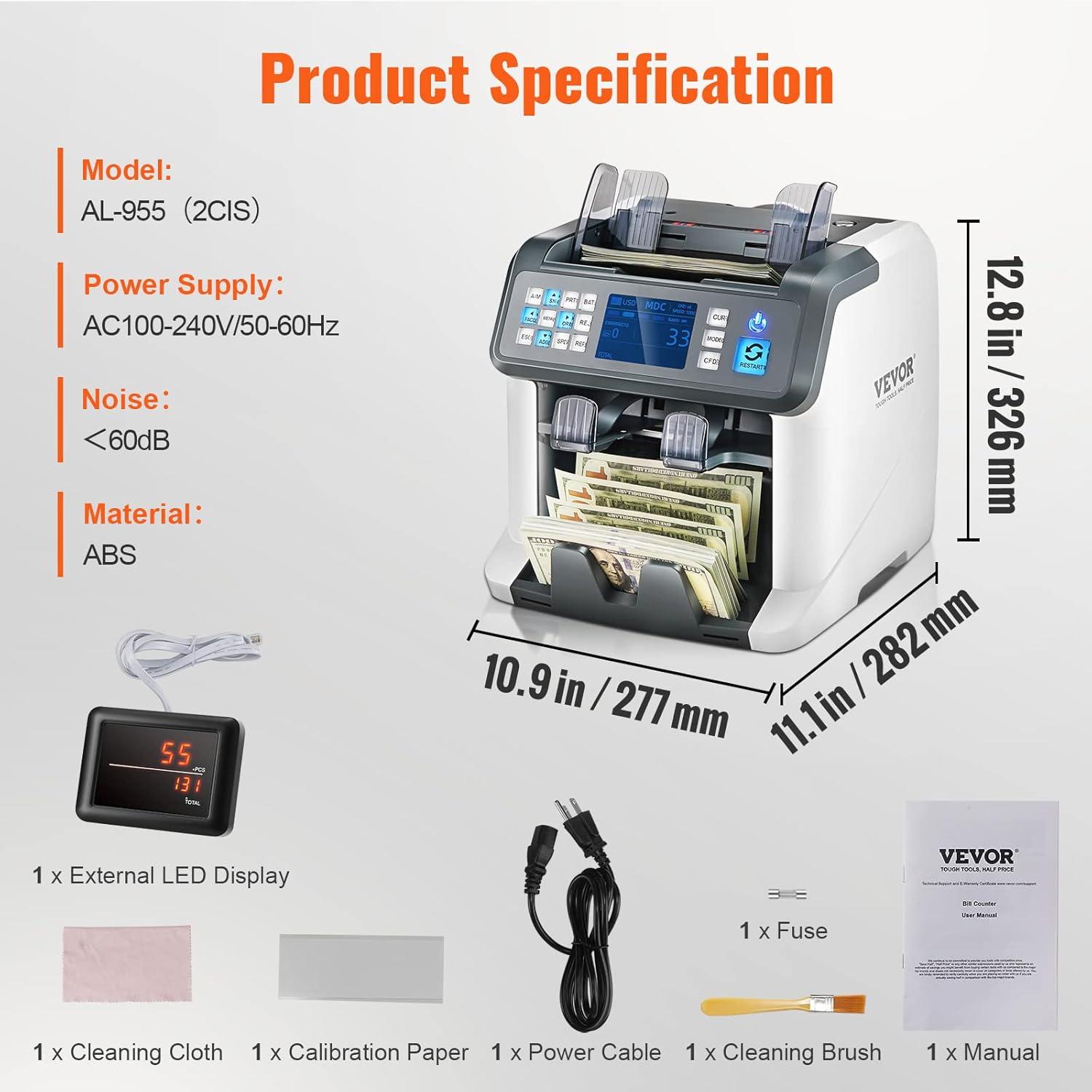 image:imageVEVOR Money Counter Machine Bill Counter with UVMGIRDDDBLHLFCHN Counterfeit Detection CountingValue CountAddBatch Modes USDEUR Money Counting Machine with LCD Display for Small BusinessBank Grade