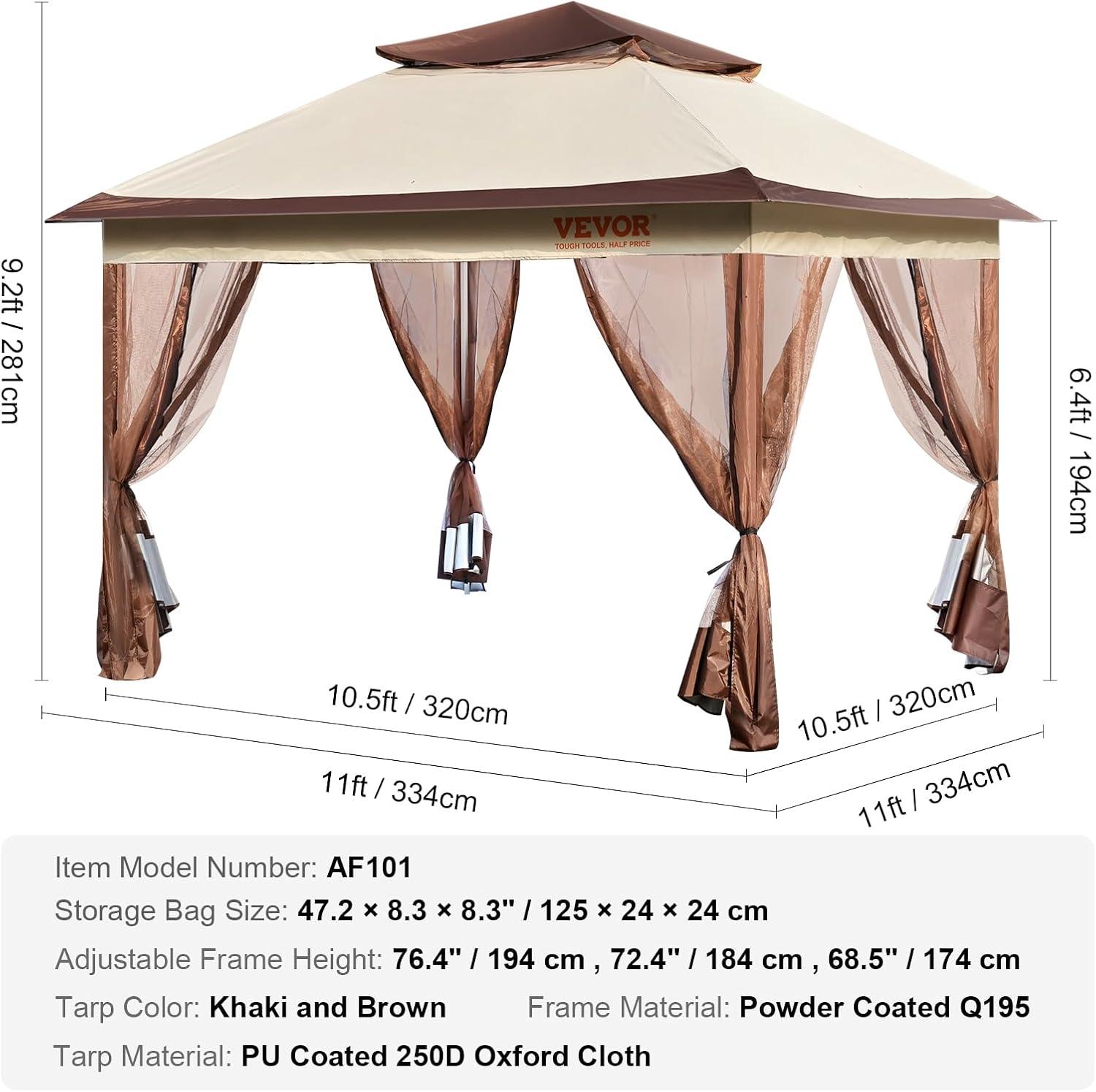 image:imageVEVOR Patio Gazebo for 68 Person 10 x 10 FT Backyard Gazebo with Mosquito Netting Metal Frame and PU Coated 180G Polyester Outdoor Canopy Shelter for Patio Backyard Lawn Garden DeckBrown