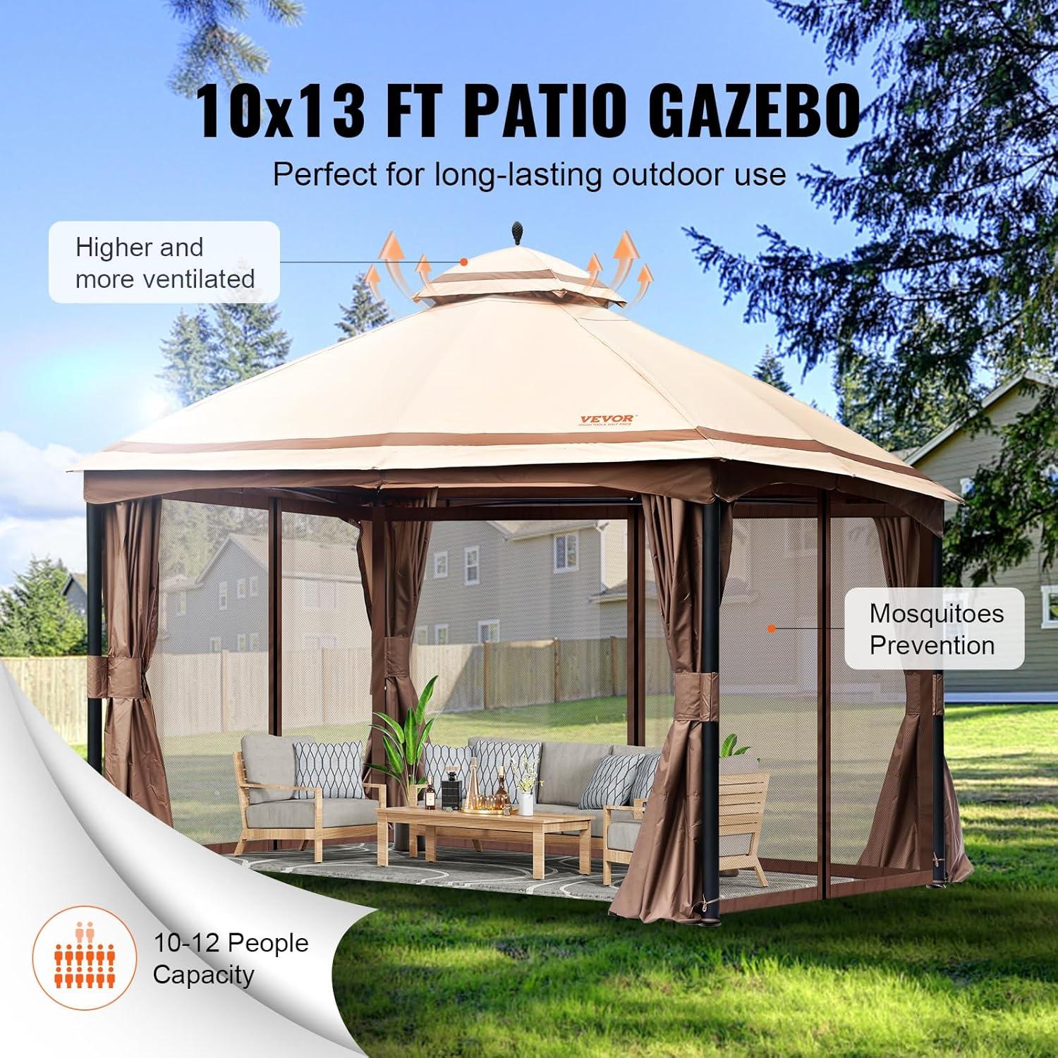 image:imageVEVOR Patio Gazebo for 68 Person 10 x 10 FT Backyard Gazebo with Mosquito Netting Metal Frame and PU Coated 180G Polyester Outdoor Canopy Shelter for Patio Backyard Lawn Garden DeckBeigeBlack