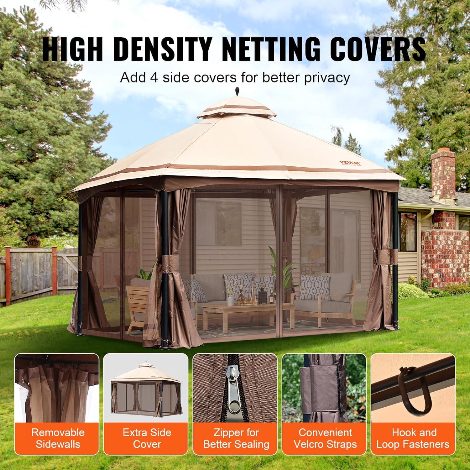 image:imageVEVOR Patio Gazebo for 68 Person 10 x 10 FT Backyard Gazebo with Mosquito Netting Metal Frame and PU Coated 180G Polyester Outdoor Canopy Shelter for Patio Backyard Lawn Garden DeckBeigeBlack