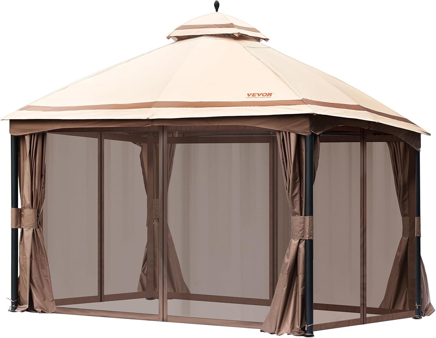 image:imageVEVOR Patio Gazebo for 68 Person 10 x 10 FT Backyard Gazebo with Mosquito Netting Metal Frame and PU Coated 180G Polyester Outdoor Canopy Shelter for Patio Backyard Lawn Garden DeckBeigeBlack
