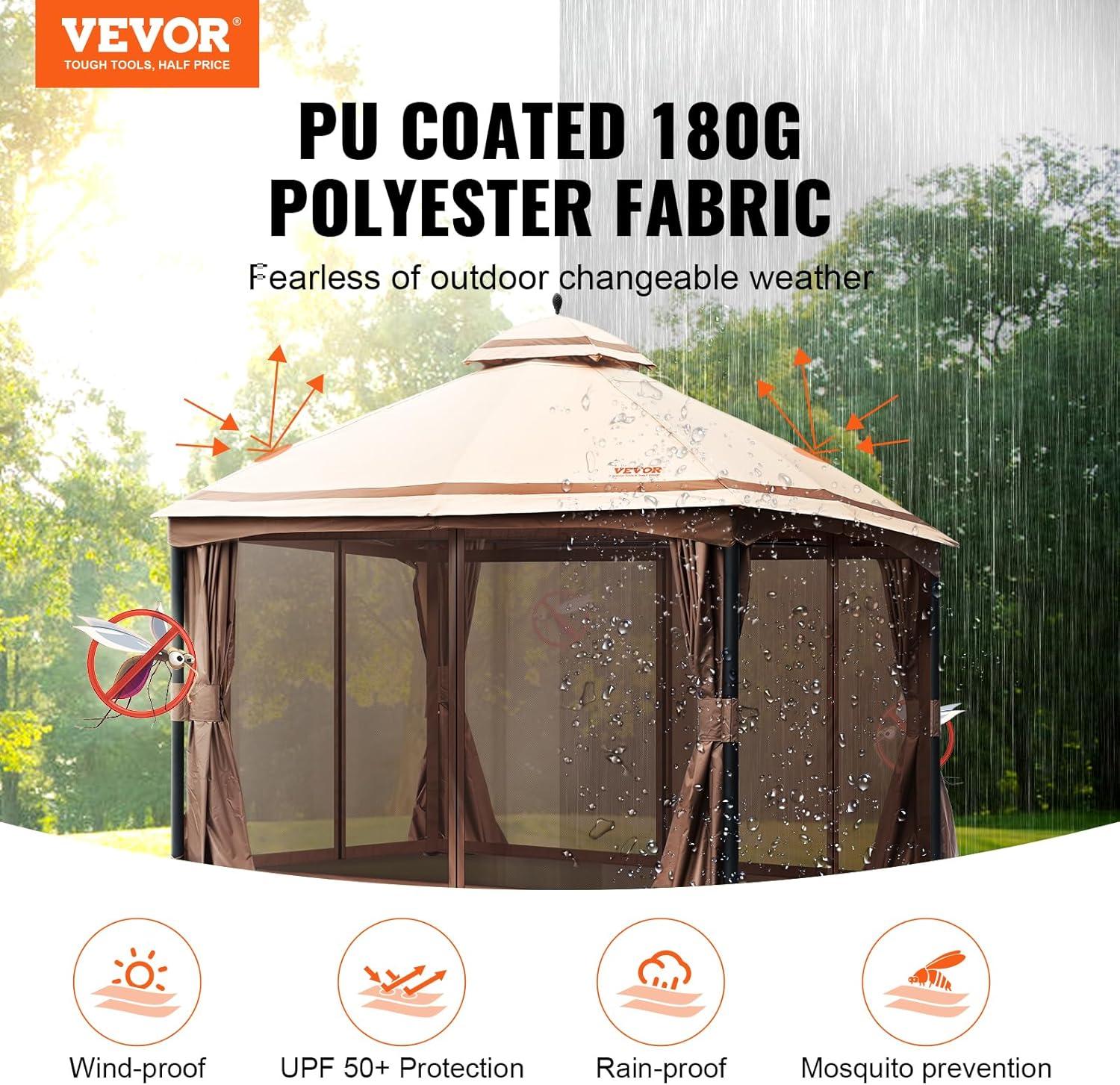 image:imageVEVOR Patio Gazebo for 68 Person 10 x 10 FT Backyard Gazebo with Mosquito Netting Metal Frame and PU Coated 180G Polyester Outdoor Canopy Shelter for Patio Backyard Lawn Garden DeckBeigeBlack