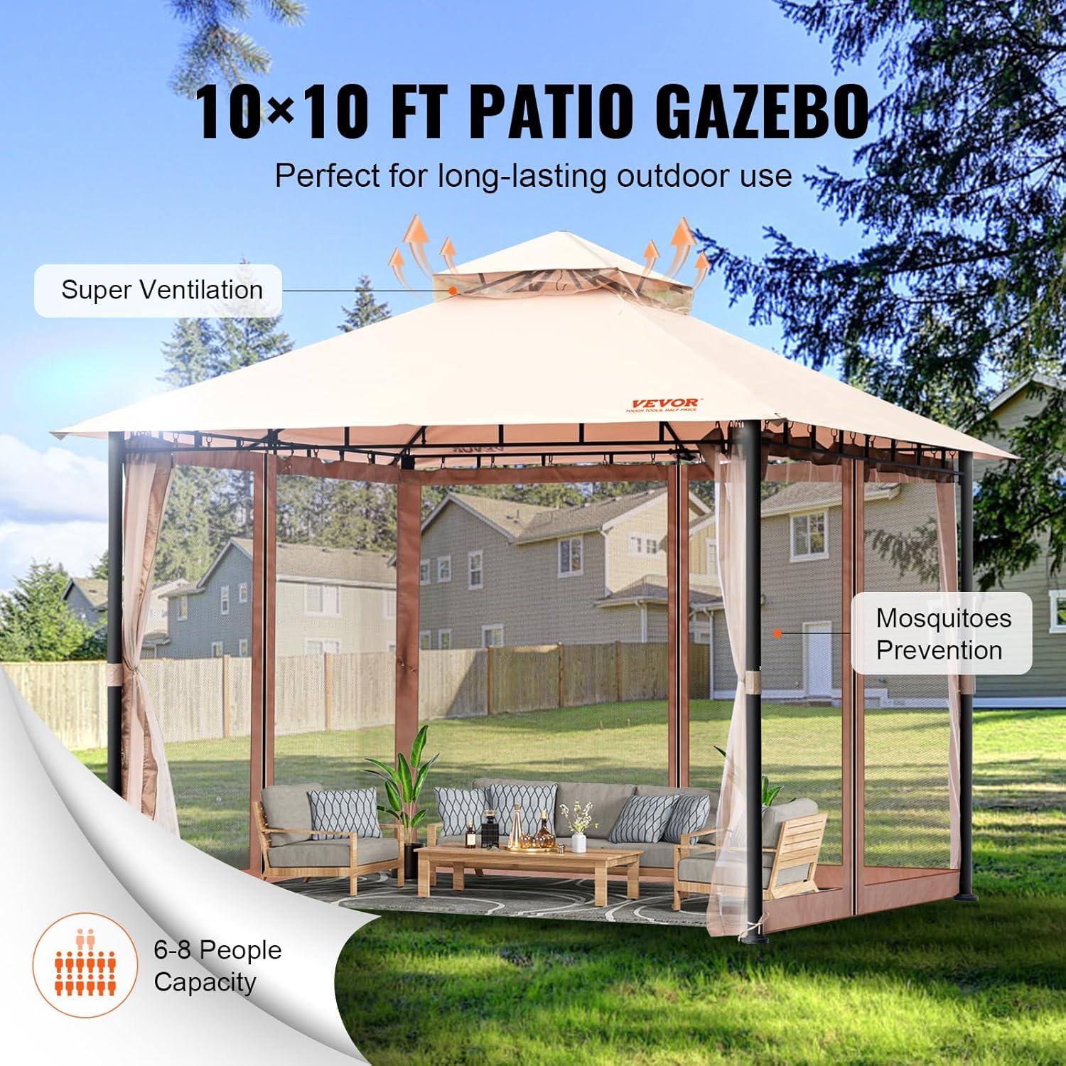 image:imageVEVOR Patio Gazebo for 68 Person 10 x 10 FT Backyard Gazebo with Mosquito Netting Metal Frame and PU Coated 180G Polyester Outdoor Canopy Shelter for Patio Backyard Lawn Garden DeckBeigeBlack