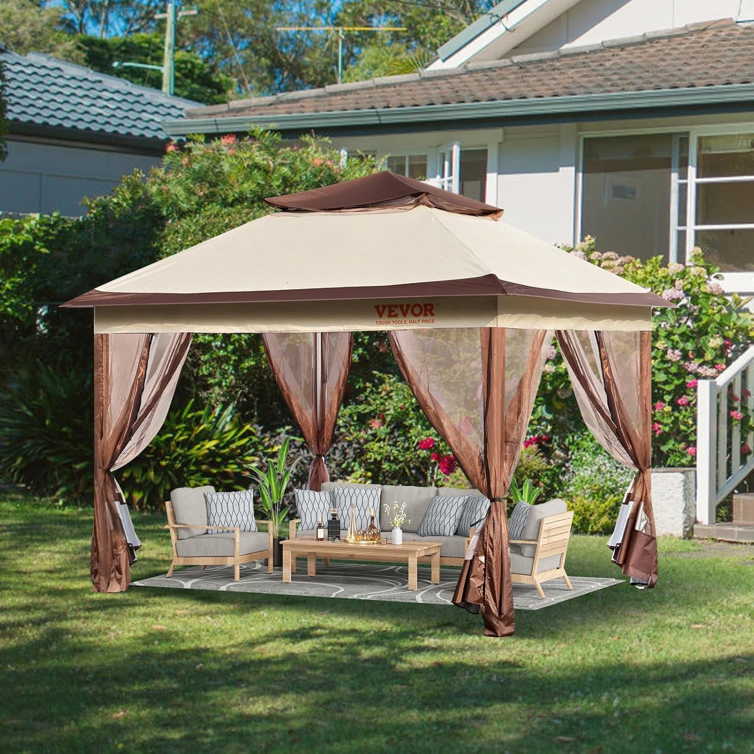 image:imageVEVOR Patio Gazebo for 68 Person 10 x 10 FT Backyard Gazebo with Mosquito Netting Metal Frame and PU Coated 180G Polyester Outdoor Canopy Shelter for Patio Backyard Lawn Garden DeckBrown