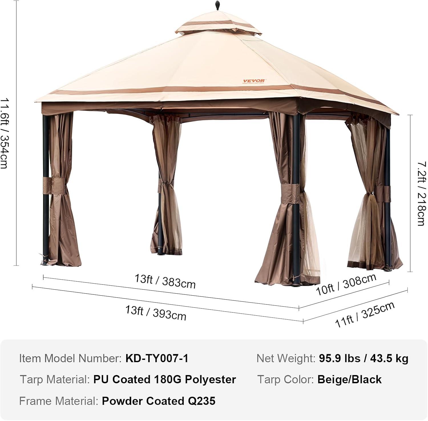 image:imageVEVOR Patio Gazebo for 68 Person 10 x 10 FT Backyard Gazebo with Mosquito Netting Metal Frame and PU Coated 180G Polyester Outdoor Canopy Shelter for Patio Backyard Lawn Garden DeckBeigeBlack