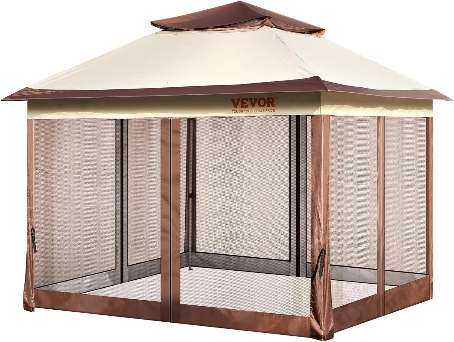 image:imageVEVOR Patio Gazebo for 68 Person 10 x 10 FT Backyard Gazebo with Mosquito Netting Metal Frame and PU Coated 180G Polyester Outdoor Canopy Shelter for Patio Backyard Lawn Garden DeckBrown
