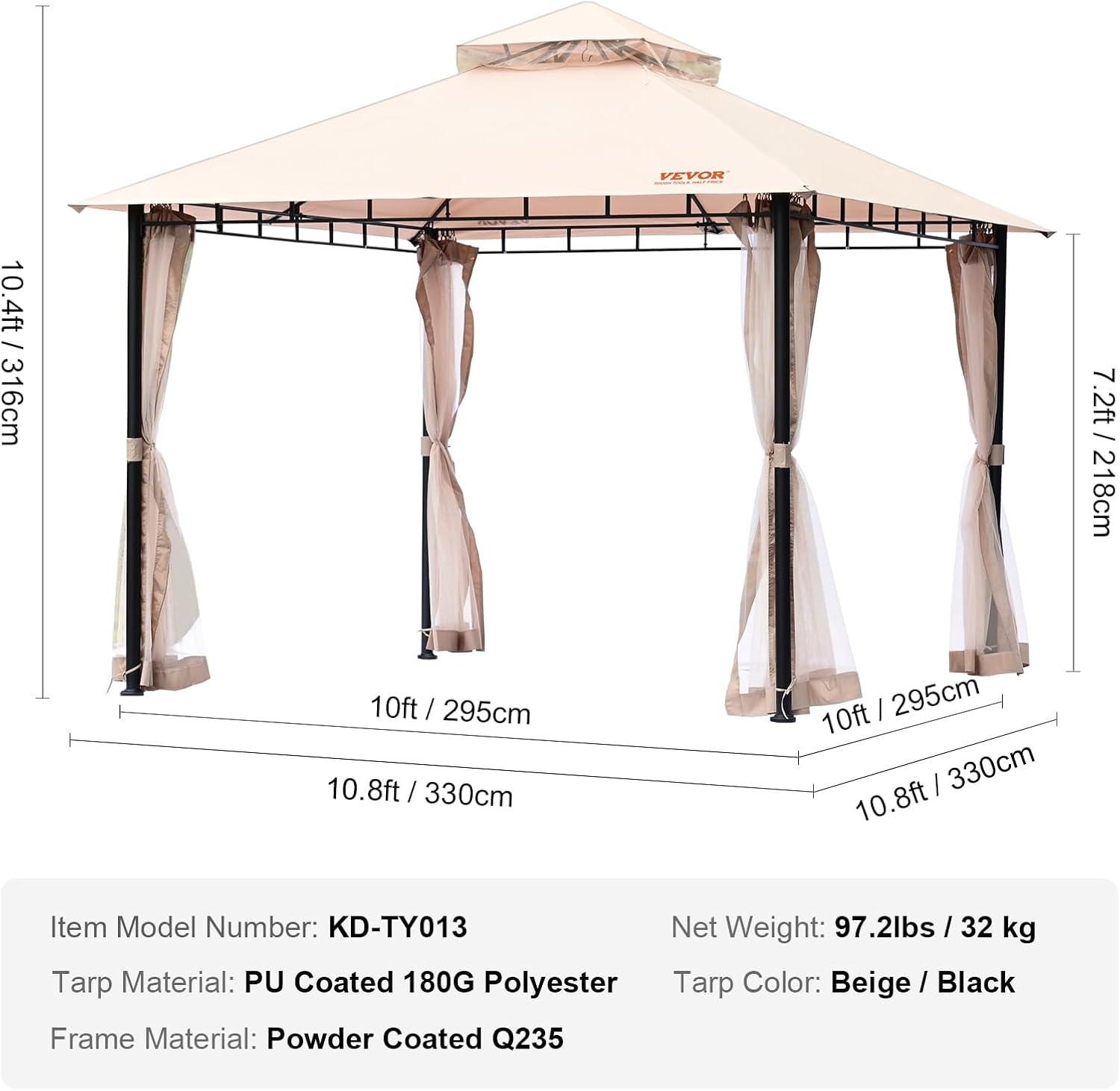 image:imageVEVOR Patio Gazebo for 68 Person 10 x 10 FT Backyard Gazebo with Mosquito Netting Metal Frame and PU Coated 180G Polyester Outdoor Canopy Shelter for Patio Backyard Lawn Garden DeckBeigeBlack