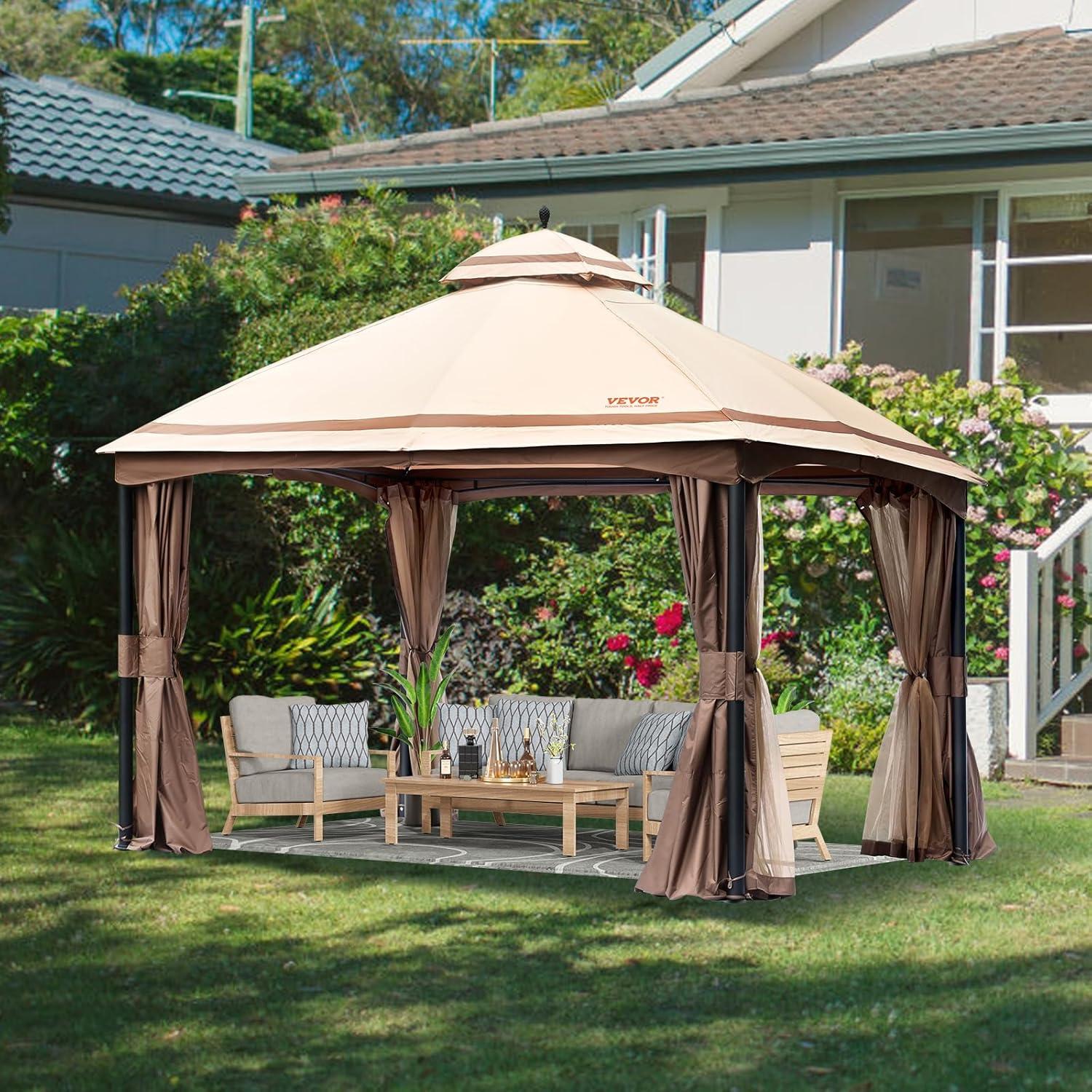 image:imageVEVOR Patio Gazebo for 68 Person 10 x 10 FT Backyard Gazebo with Mosquito Netting Metal Frame and PU Coated 180G Polyester Outdoor Canopy Shelter for Patio Backyard Lawn Garden DeckBeigeBlack
