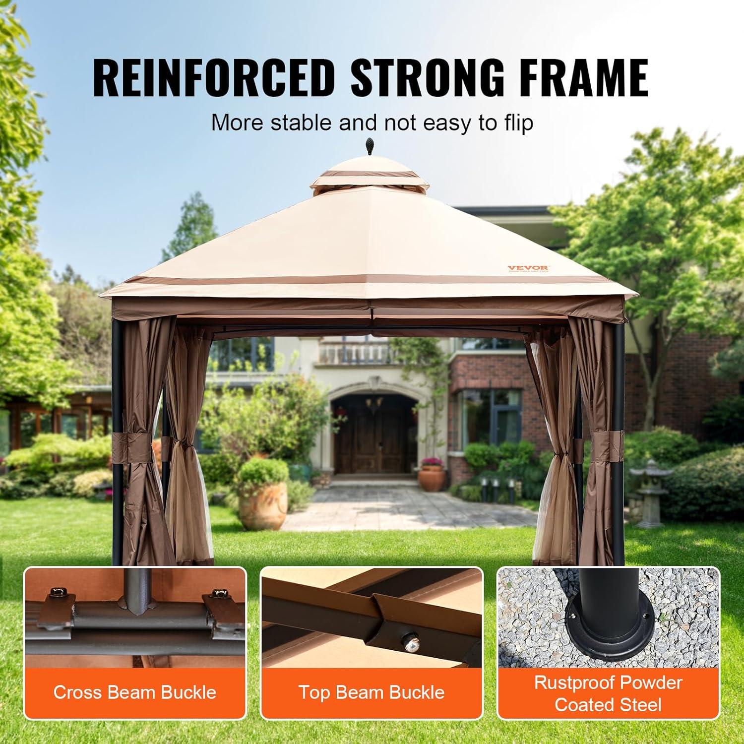 image:imageVEVOR Patio Gazebo for 68 Person 10 x 10 FT Backyard Gazebo with Mosquito Netting Metal Frame and PU Coated 180G Polyester Outdoor Canopy Shelter for Patio Backyard Lawn Garden DeckBeigeBlack