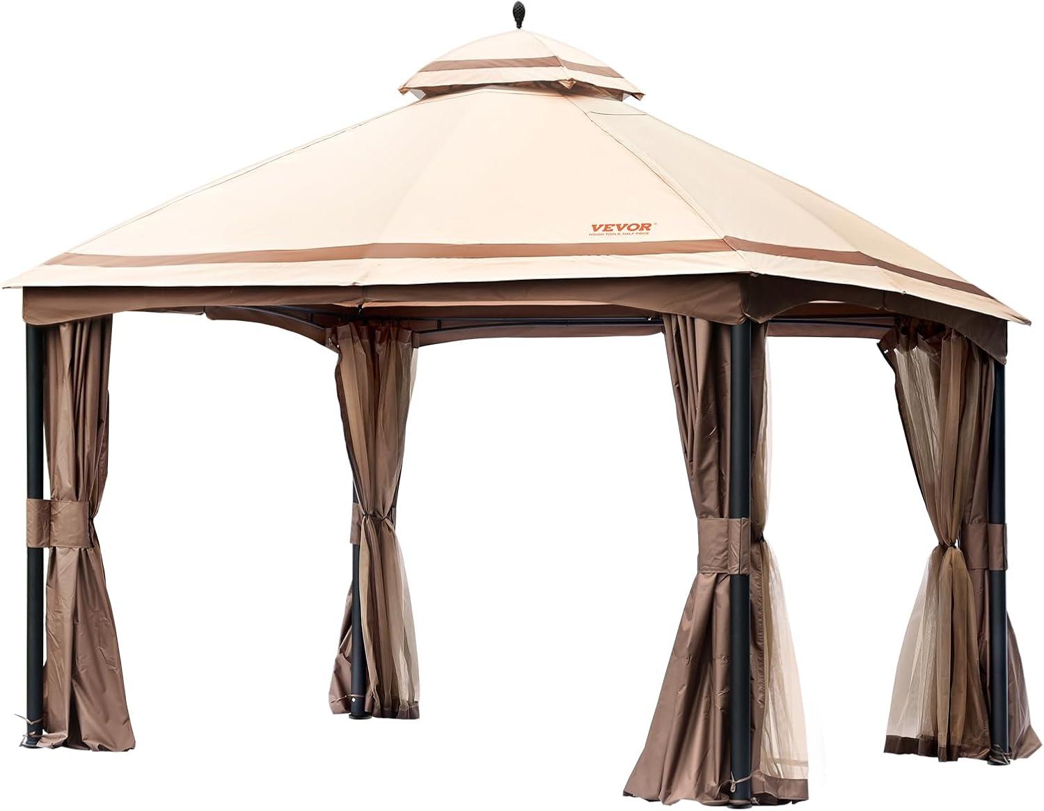 image:imageVEVOR Patio Gazebo for 68 Person 10 x 10 FT Backyard Gazebo with Mosquito Netting Metal Frame and PU Coated 180G Polyester Outdoor Canopy Shelter for Patio Backyard Lawn Garden DeckBeigeBlack