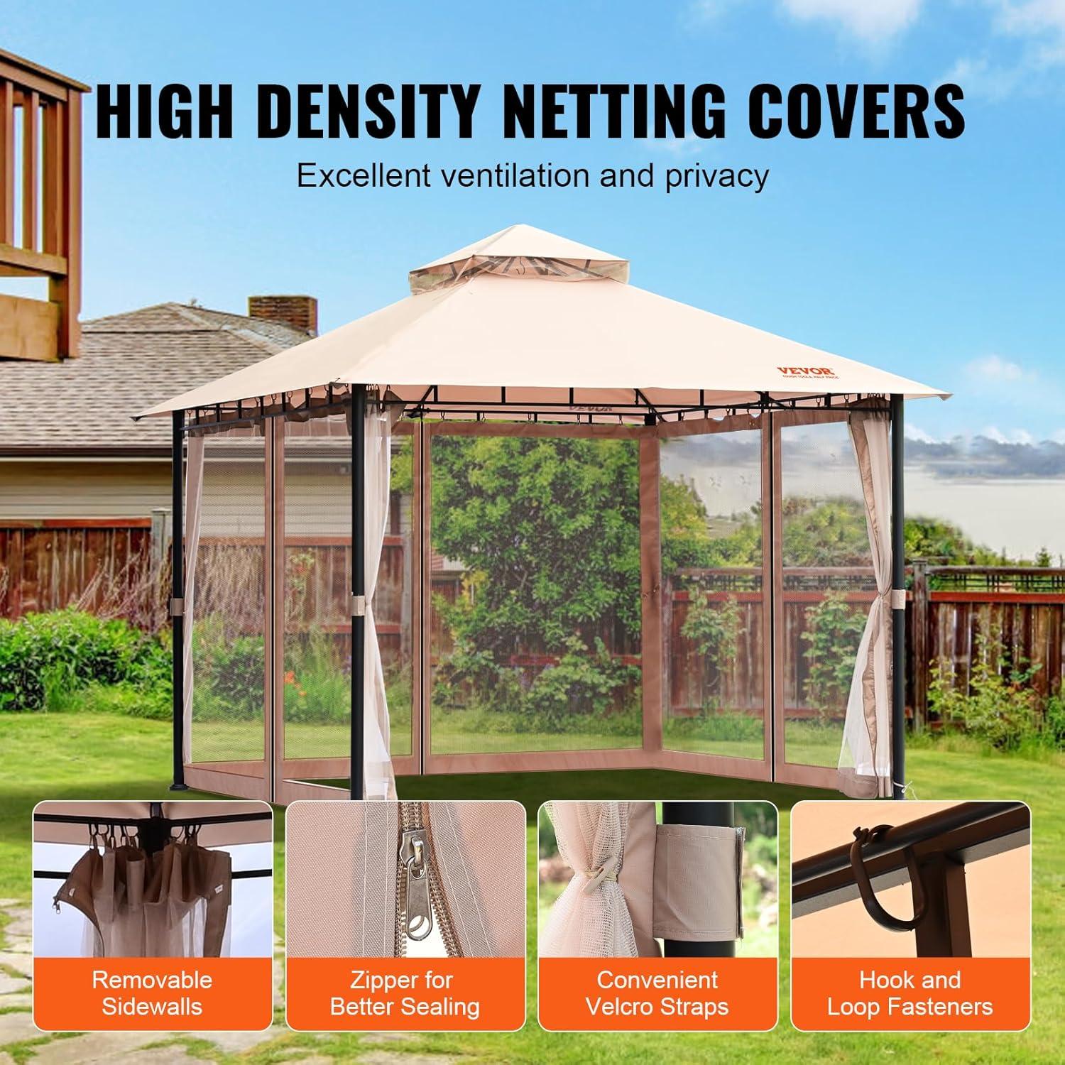 image:imageVEVOR Patio Gazebo for 68 Person 10 x 10 FT Backyard Gazebo with Mosquito Netting Metal Frame and PU Coated 180G Polyester Outdoor Canopy Shelter for Patio Backyard Lawn Garden DeckBeigeBlack
