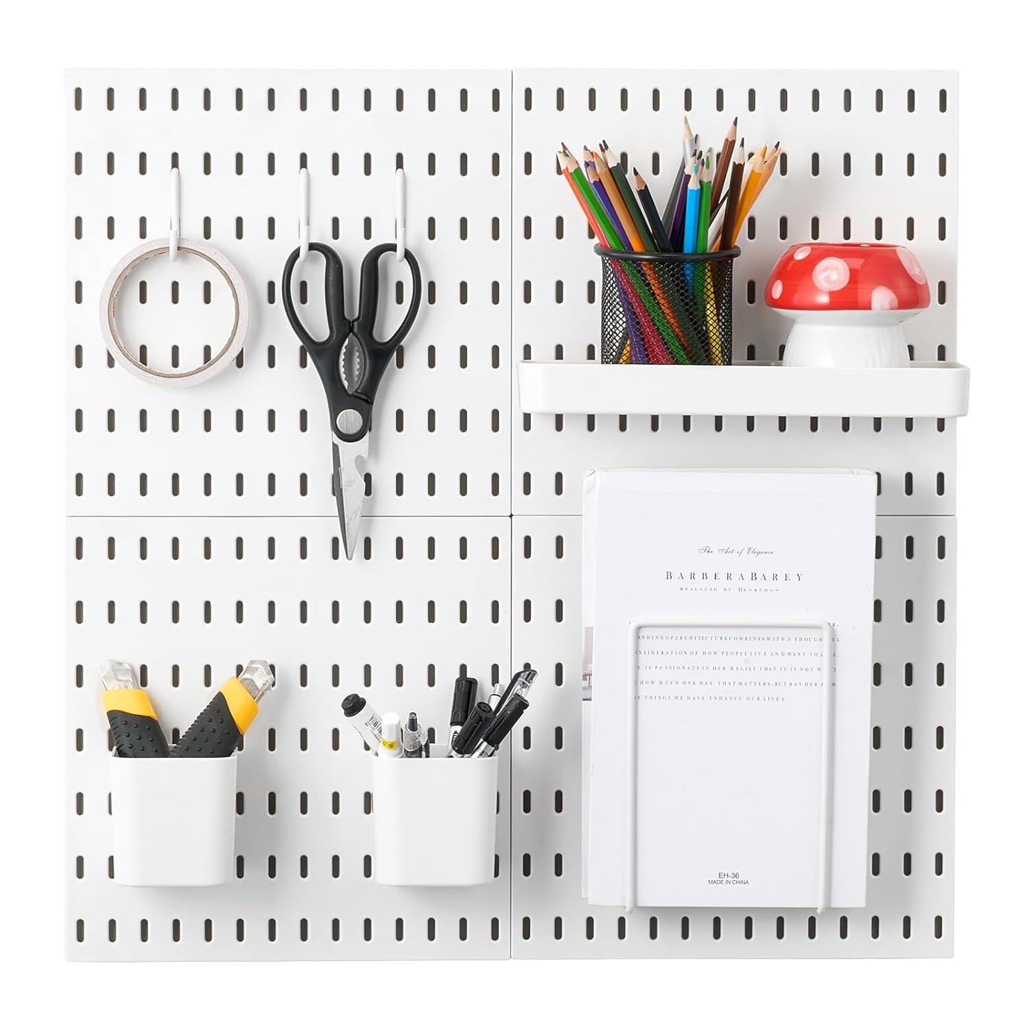 image:imageVEVOR Pegboard Combination Kit 11 x 11 Plastic Pegboard 4 Panels Peg Board Wall Organizer Kit with Accessories for Garage Tool Storage Kitchen Living Room Craft Room Office Bathroom Home White