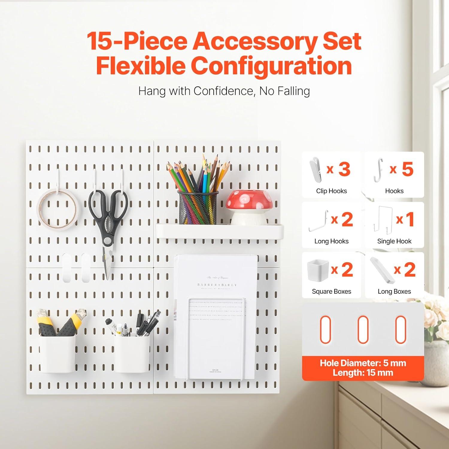 image:imageVEVOR Pegboard Combination Kit 11 x 11 Plastic Pegboard 4 Panels Peg Board Wall Organizer Kit with Accessories for Garage Tool Storage Kitchen Living Room Craft Room Office Bathroom Home White