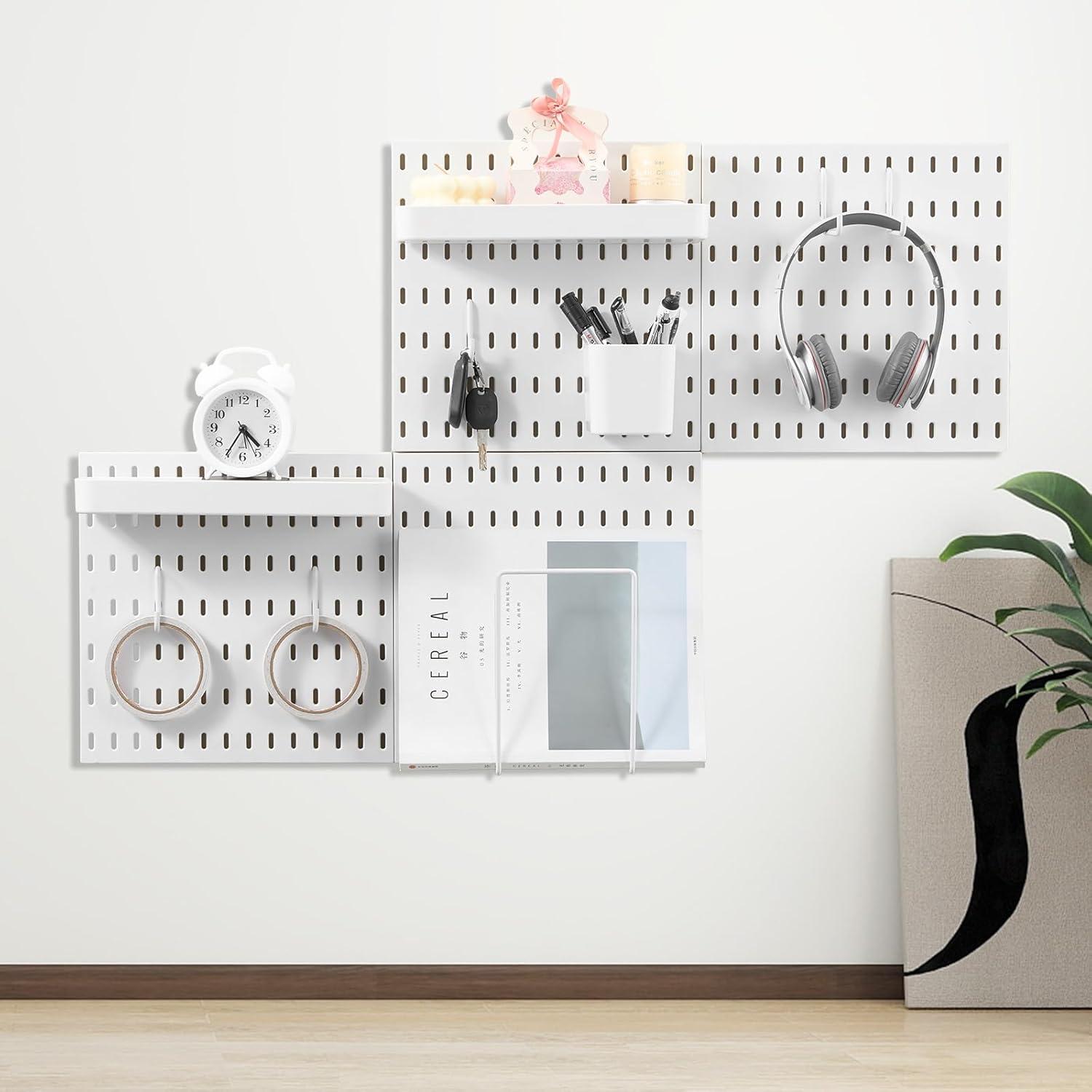 image:imageVEVOR Pegboard Combination Kit 11 x 11 Plastic Pegboard 4 Panels Peg Board Wall Organizer Kit with Accessories for Garage Tool Storage Kitchen Living Room Craft Room Office Bathroom Home White
