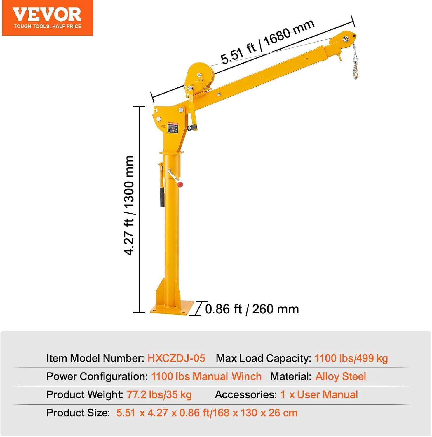 image:imageVEVOR Pickup Truck Crane with 1100 lbs Manual Winch Folding TruckMounted Bed Crane Steel Pickup Truck Jib Crane Hoist 360 Swivel for Lifting Goods in Construction Factory