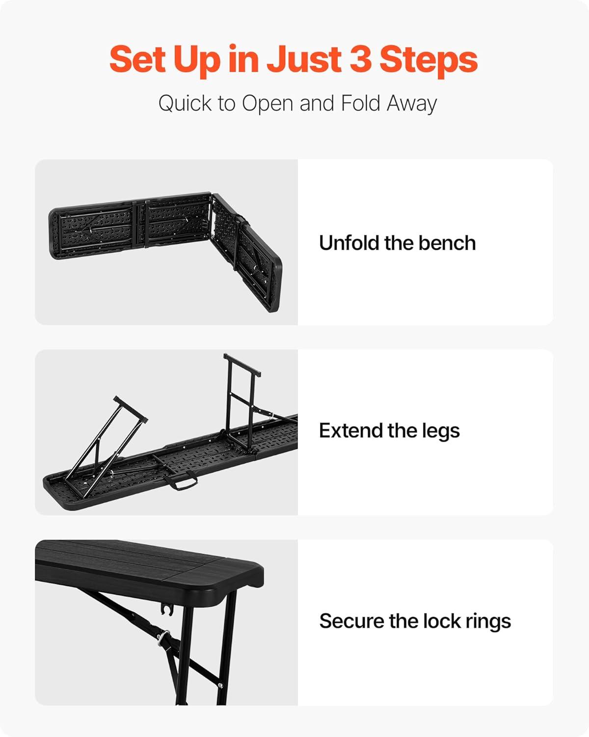 image:imageVEVOR Plastic Folding Bench 6ft Portable Folding Bench Smooth High Density Polyethylene Waterproof Outdoor Bench Picnic Camping Table with Handle for Garden Soccer Playtime White 2 PackBlack