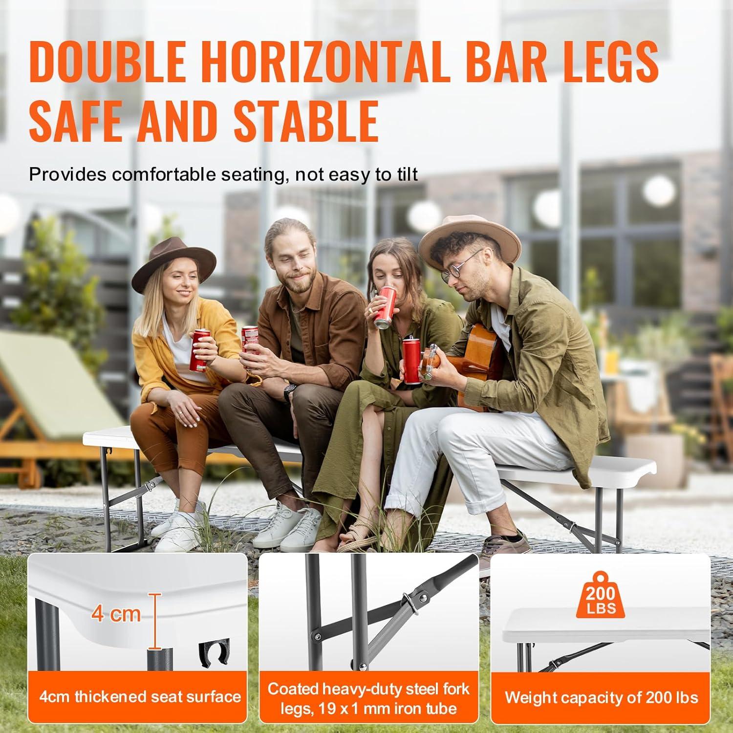 image:imageVEVOR Plastic Folding Bench 6ft Portable Folding Bench Smooth High Density Polyethylene Waterproof Outdoor Bench Picnic Camping Table with Handle for Garden Soccer Playtime White 2 PackWhite