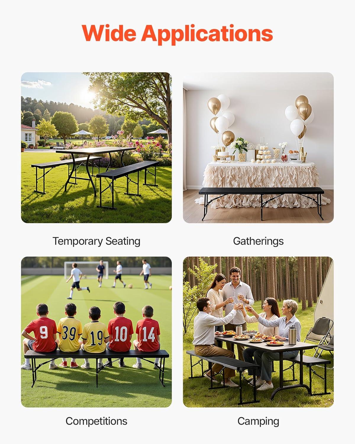image:imageVEVOR Plastic Folding Bench 6ft Portable Folding Bench Smooth High Density Polyethylene Waterproof Outdoor Bench Picnic Camping Table with Handle for Garden Soccer Playtime White 2 PackBlack