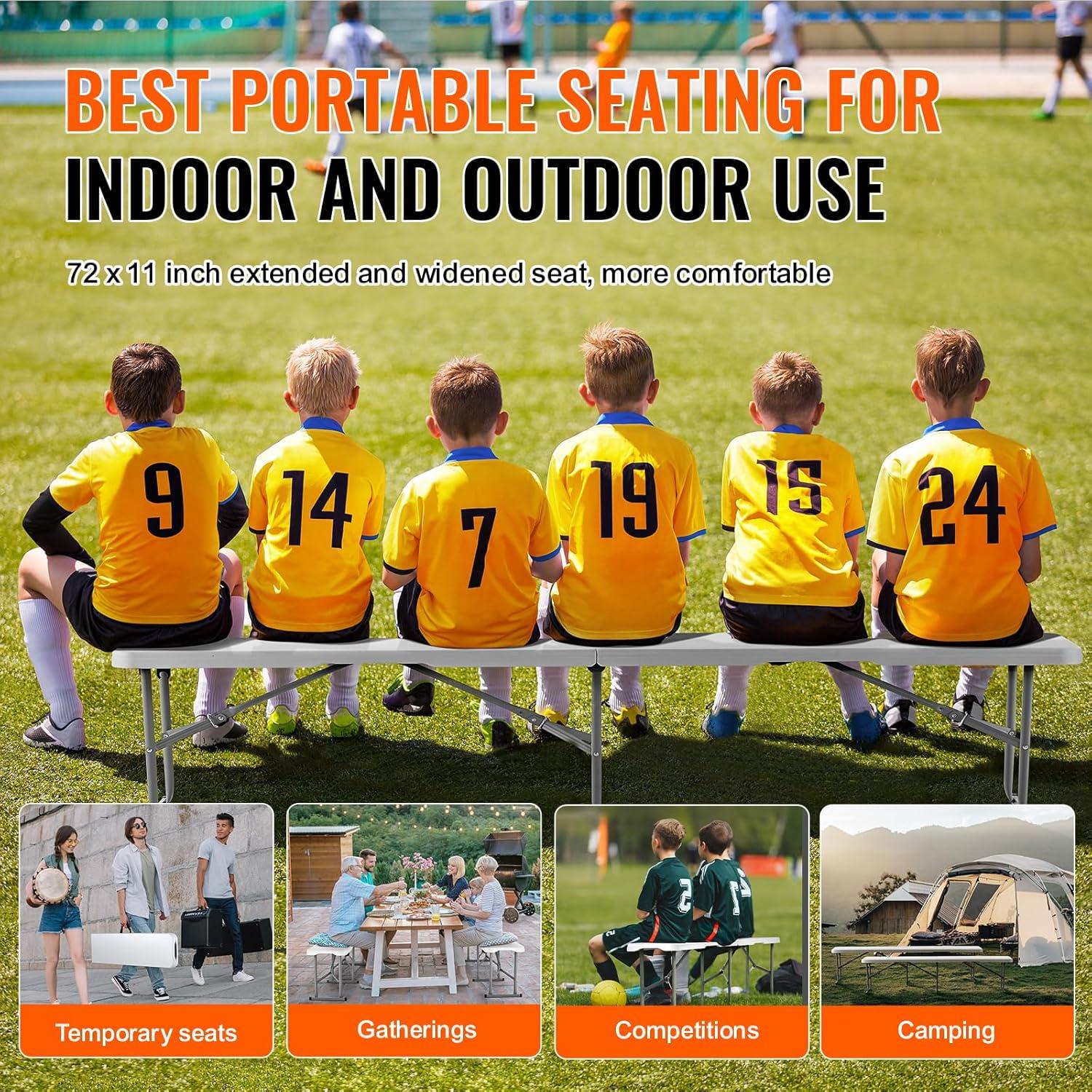 image:imageVEVOR Plastic Folding Bench 6ft Portable Folding Bench Smooth High Density Polyethylene Waterproof Outdoor Bench Picnic Camping Table with Handle for Garden Soccer Playtime White 2 PackWhite