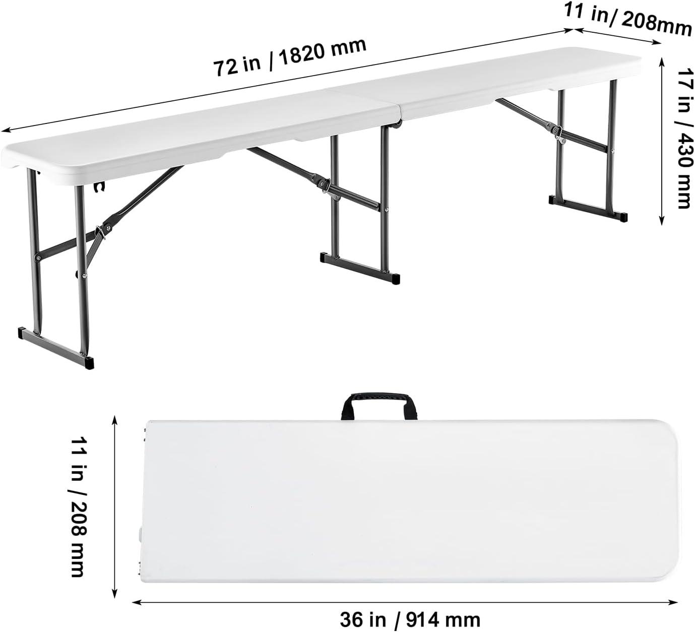 image:imageVEVOR Plastic Folding Bench 6ft Portable Folding Bench Smooth High Density Polyethylene Waterproof Outdoor Bench Picnic Camping Table with Handle for Garden Soccer Playtime White 2 PackWhite