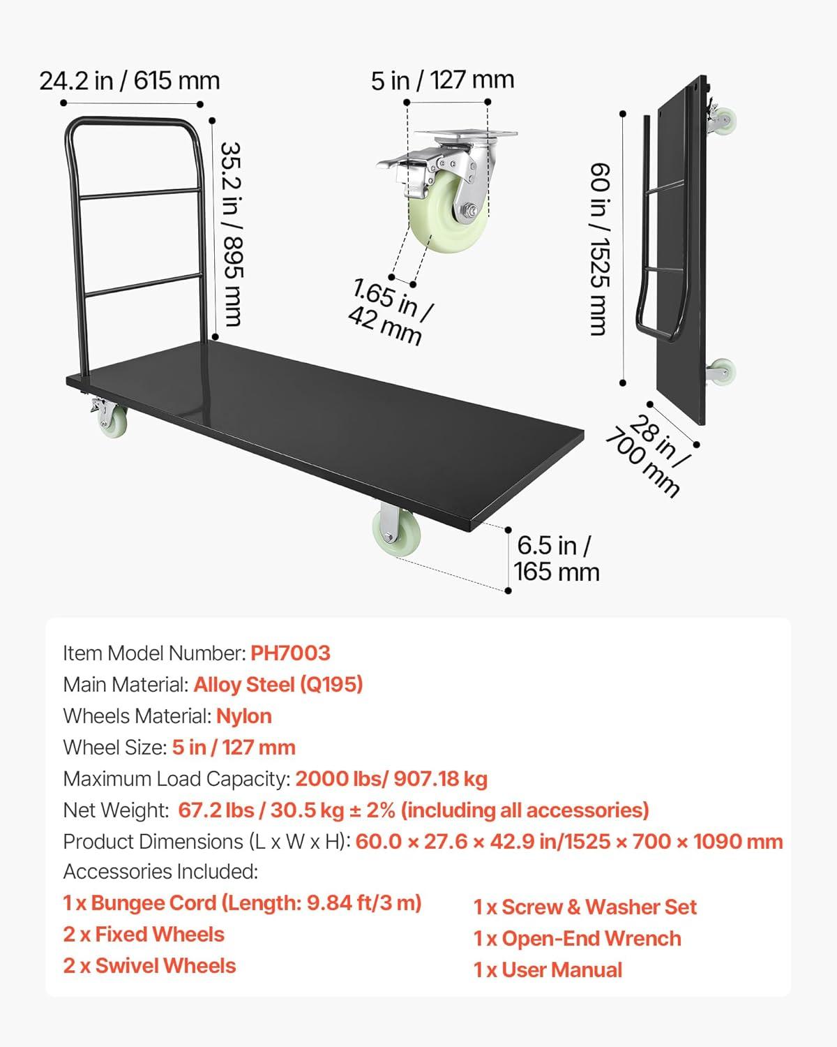 image:imageVEVOR Platform Truck 2000 lbs Capacity Steel Flatbed Cart 47 Length x 24 Width x 32 Height Flat Dolly Hand Trucks with 5 Nylon Casters HeavyDuty Utility Push Carts for Luggage Moving2000 LBS Large Panel