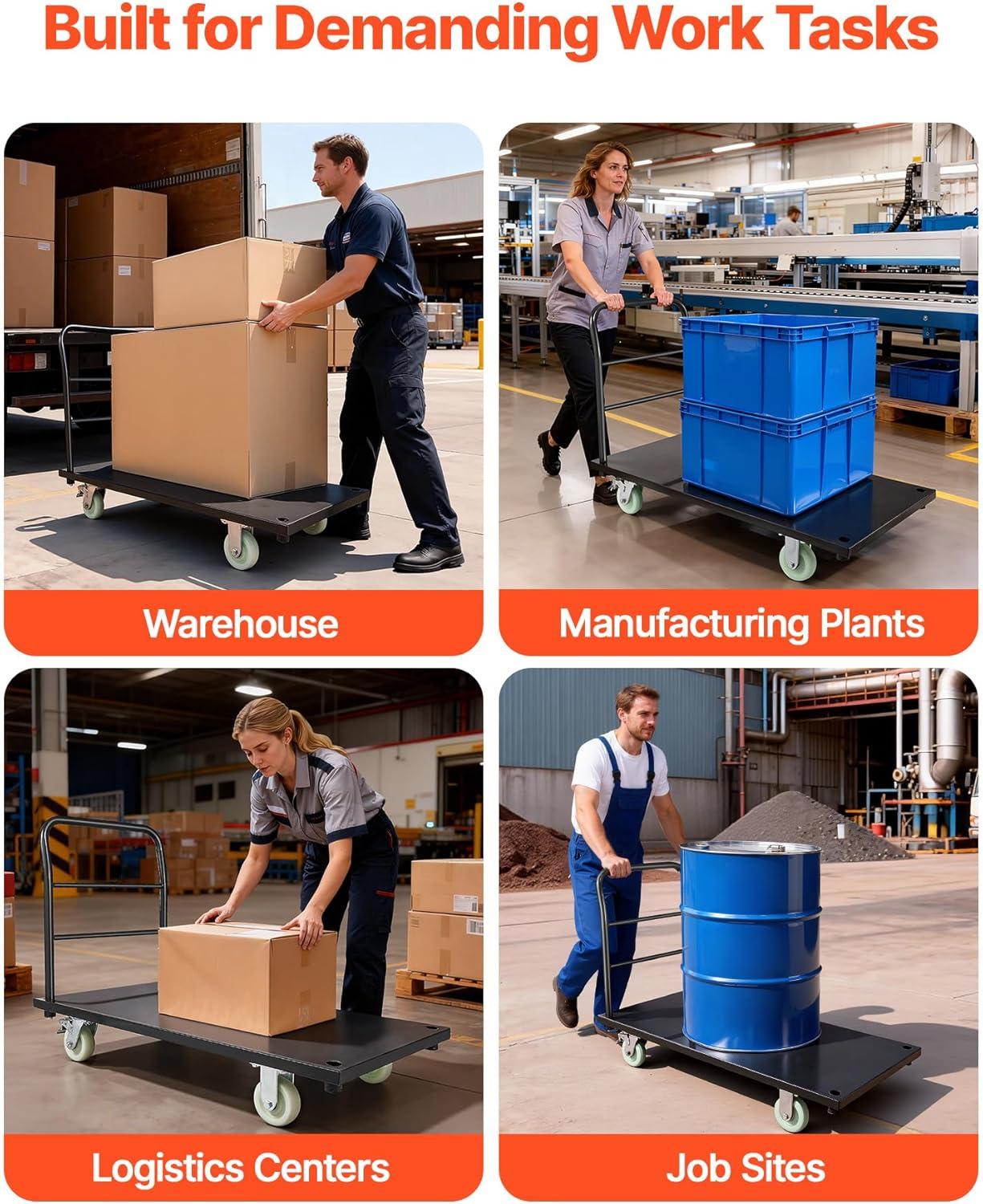image:imageVEVOR Platform Truck 2000 lbs Capacity Steel Flatbed Cart 47 Length x 24 Width x 32 Height Flat Dolly Hand Trucks with 5 Nylon Casters HeavyDuty Utility Push Carts for Luggage Moving2000 LBS NEW