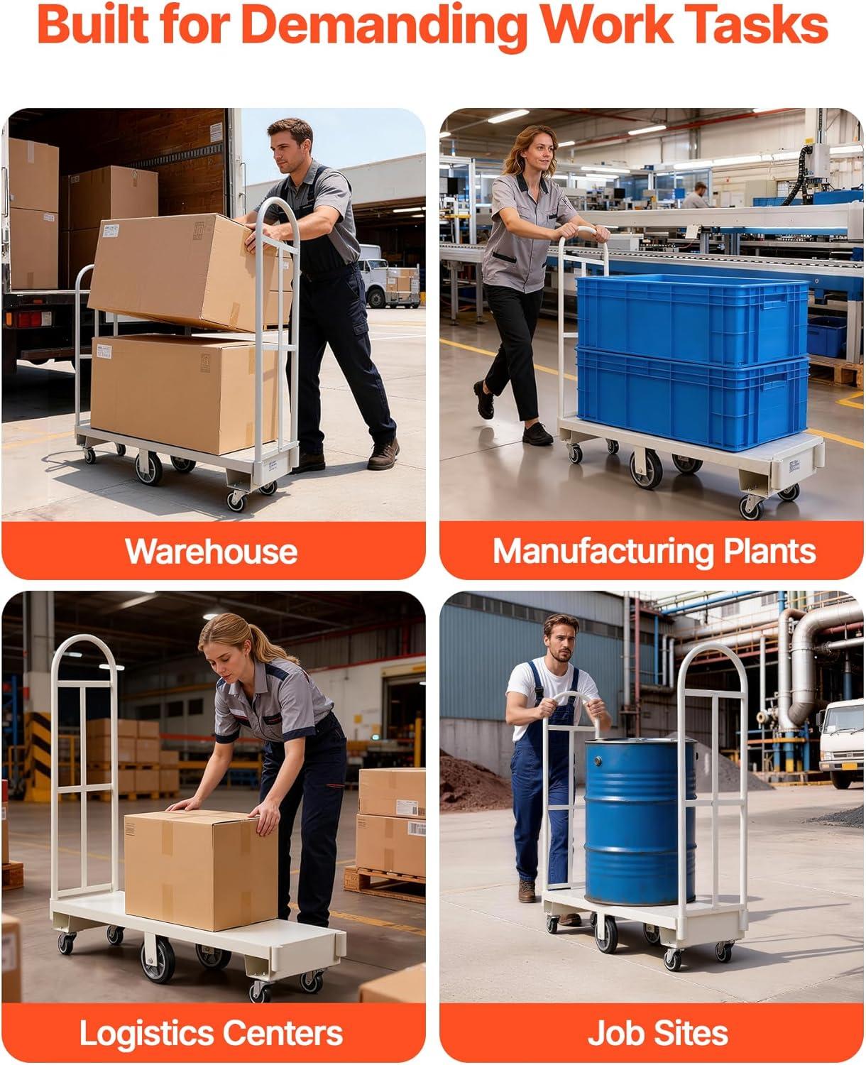 image:imageVEVOR Platform Truck 2000 lbs Capacity Steel Flatbed Cart 47 Length x 24 Width x 32 Height Flat Dolly Hand Trucks with 5 Nylon Casters HeavyDuty Utility Push Carts for Luggage Moving2000 LBS UBoat