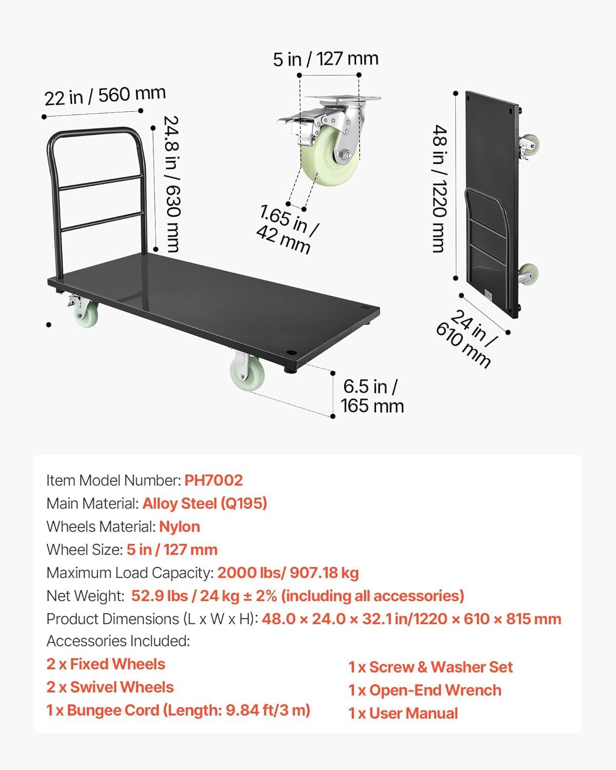 image:imageVEVOR Platform Truck 2000 lbs Capacity Steel Flatbed Cart 47 Length x 24 Width x 32 Height Flat Dolly Hand Trucks with 5 Nylon Casters HeavyDuty Utility Push Carts for Luggage Moving2000 LBS NEW