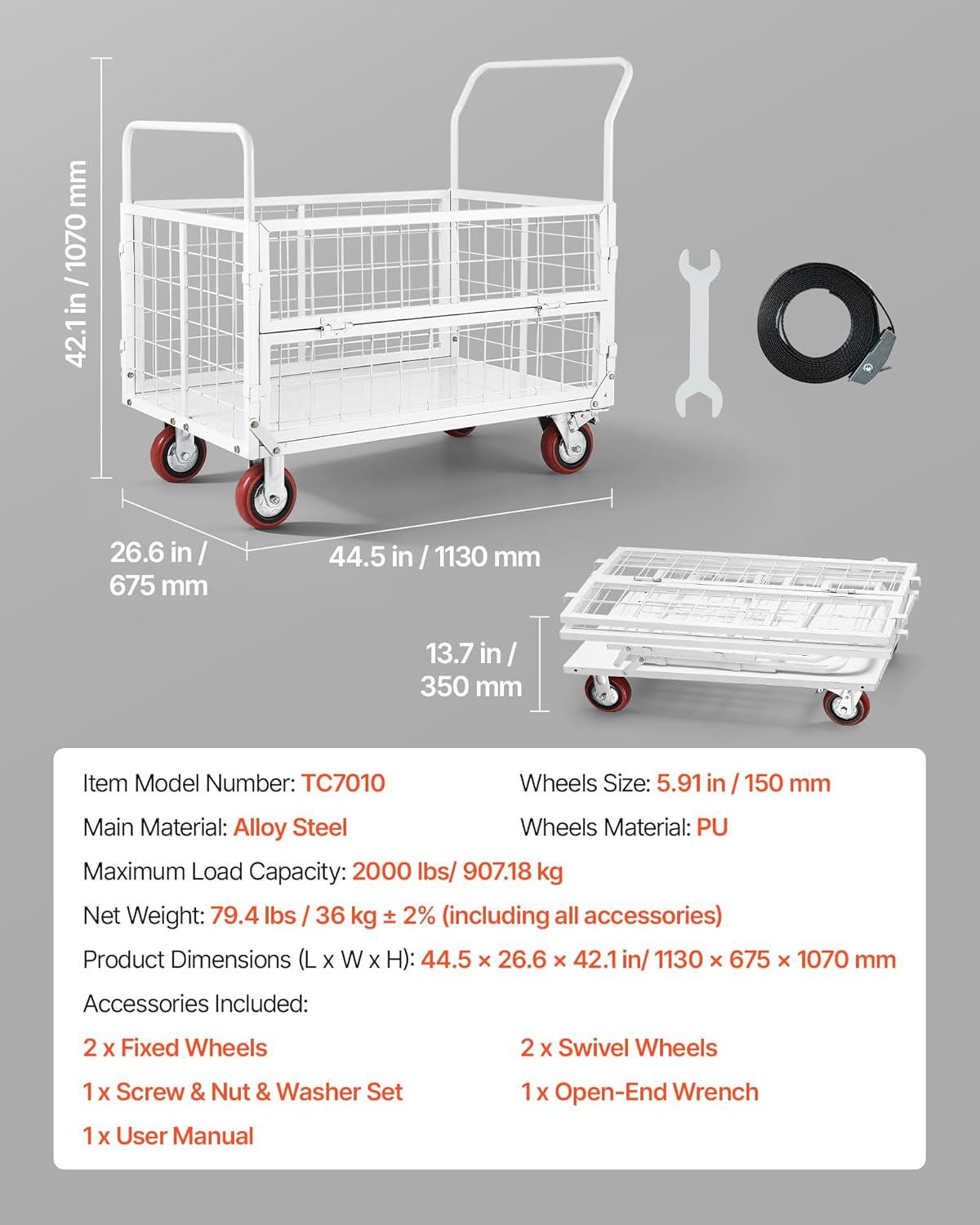 image:imageVEVOR Platform Truck 2000 lbs Capacity Steel Flatbed Cart 47 Length x 24 Width x 32 Height Flat Dolly Hand Trucks with 5 Nylon Casters HeavyDuty Utility Push Carts for Luggage Moving2000 LBS 6in1