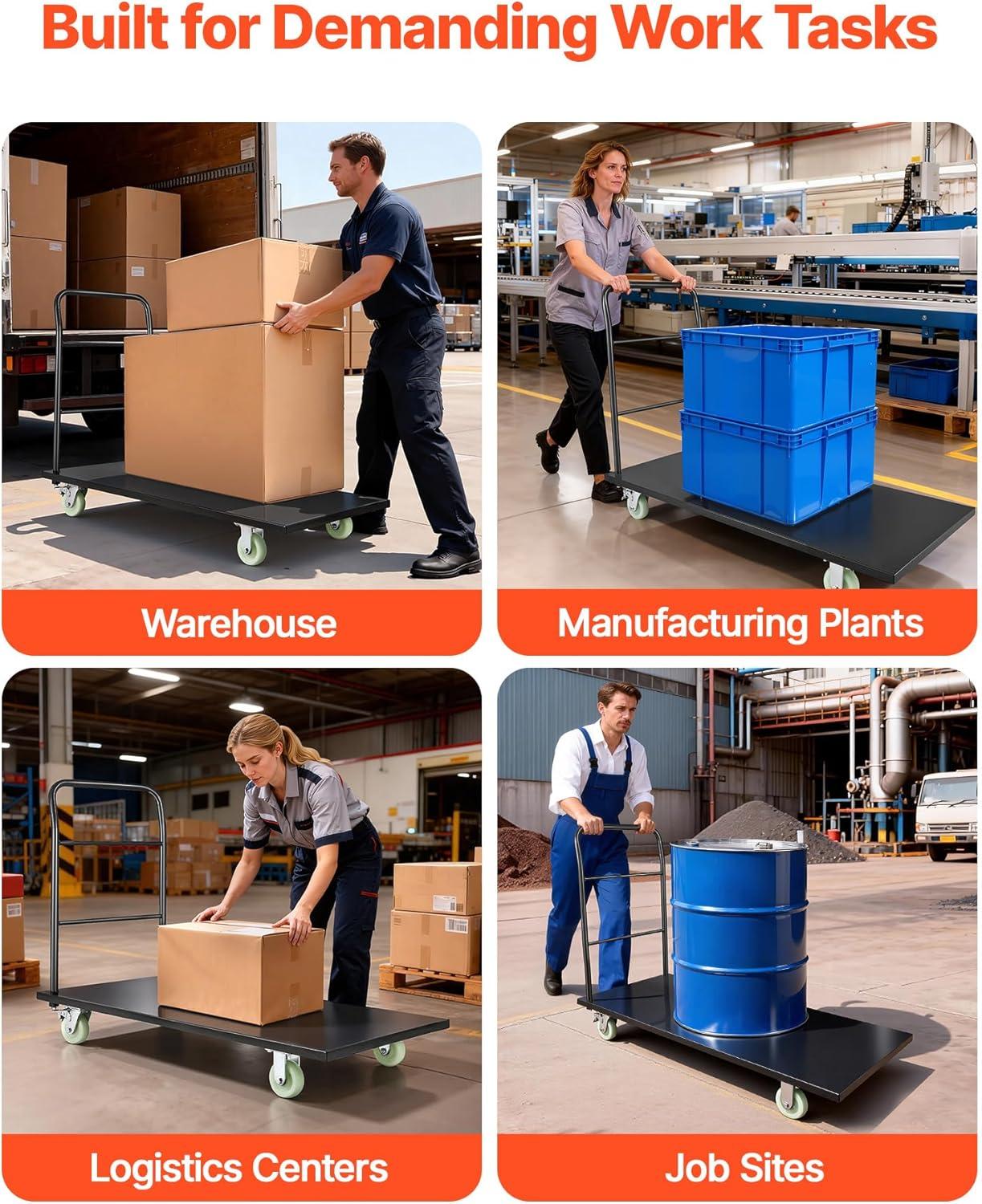 image:imageVEVOR Platform Truck 2000 lbs Capacity Steel Flatbed Cart 47 Length x 24 Width x 32 Height Flat Dolly Hand Trucks with 5 Nylon Casters HeavyDuty Utility Push Carts for Luggage Moving2000 LBS Large Panel