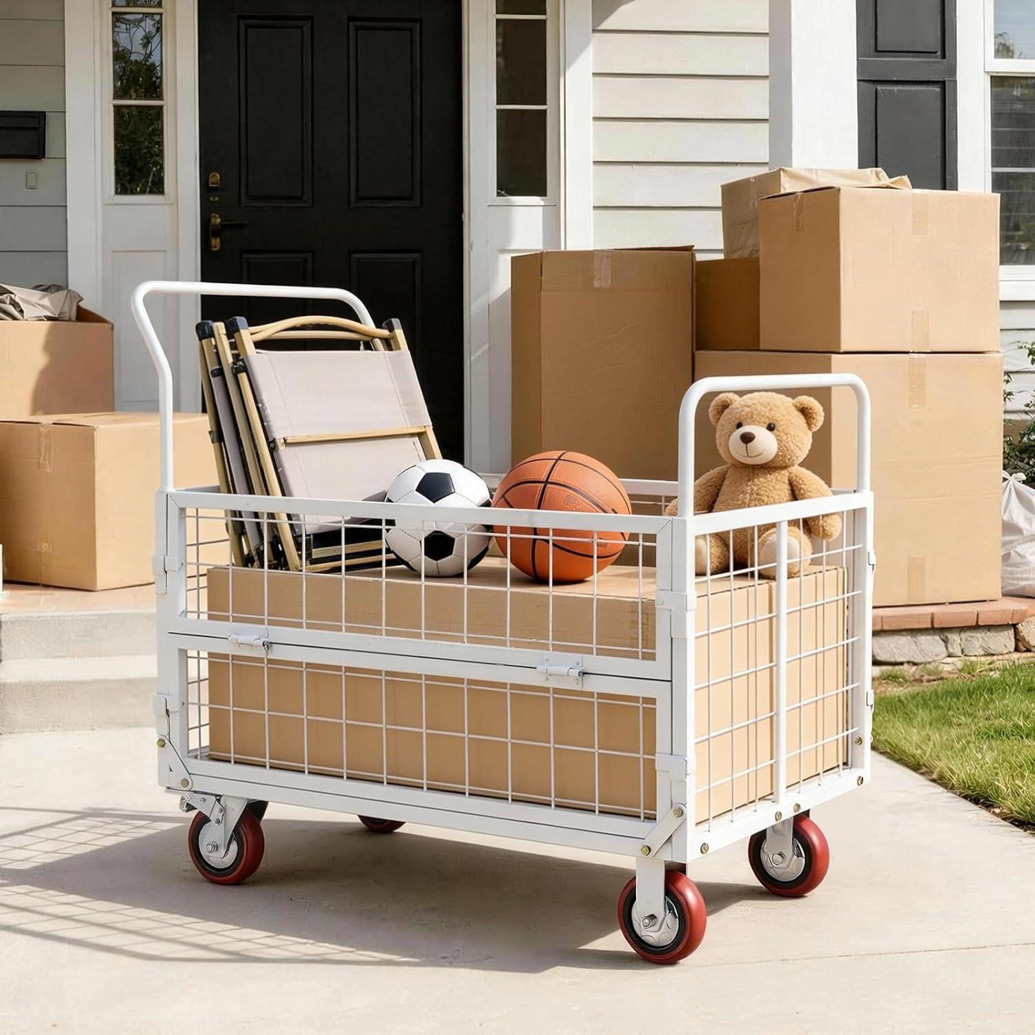 image:imageVEVOR Platform Truck 2000 lbs Capacity Steel Flatbed Cart 47 Length x 24 Width x 32 Height Flat Dolly Hand Trucks with 5 Nylon Casters HeavyDuty Utility Push Carts for Luggage Moving2000 LBS 6in1