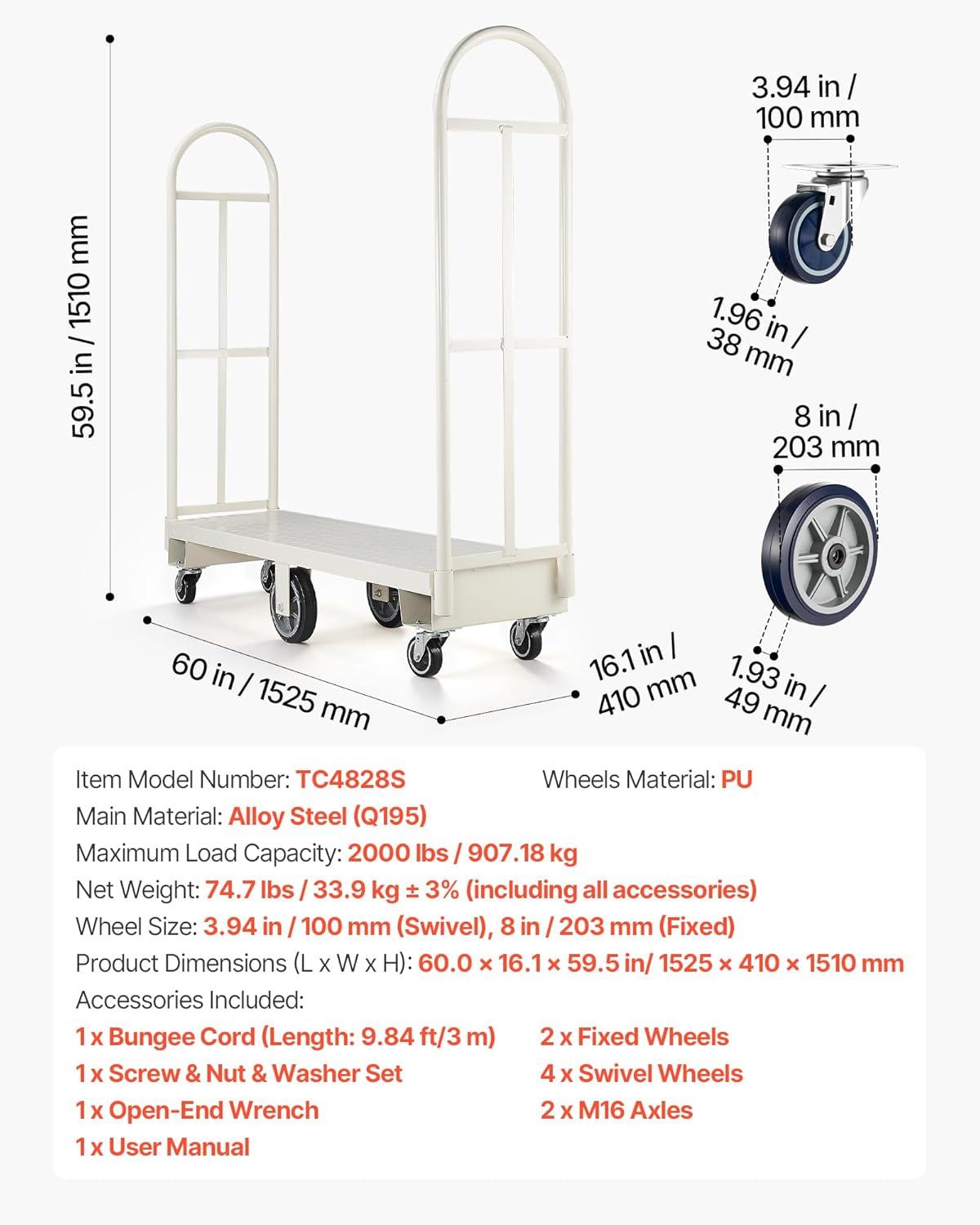 image:imageVEVOR Platform Truck 2000 lbs Capacity Steel Flatbed Cart 47 Length x 24 Width x 32 Height Flat Dolly Hand Trucks with 5 Nylon Casters HeavyDuty Utility Push Carts for Luggage Moving2000 LBS UBoat