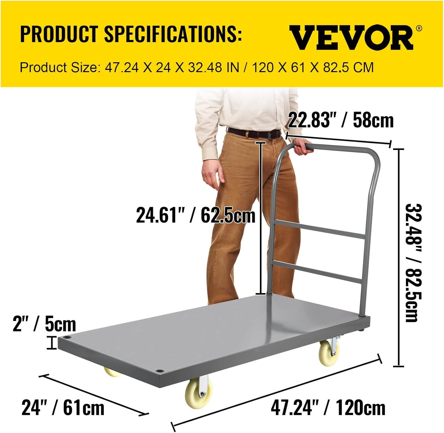 image:imageVEVOR Platform Truck 2000 lbs Capacity Steel Flatbed Cart 47 Length x 24 Width x 32 Height Flat Dolly Hand Trucks with 5 Nylon Casters HeavyDuty Utility Push Carts for Luggage Moving2000 LBS