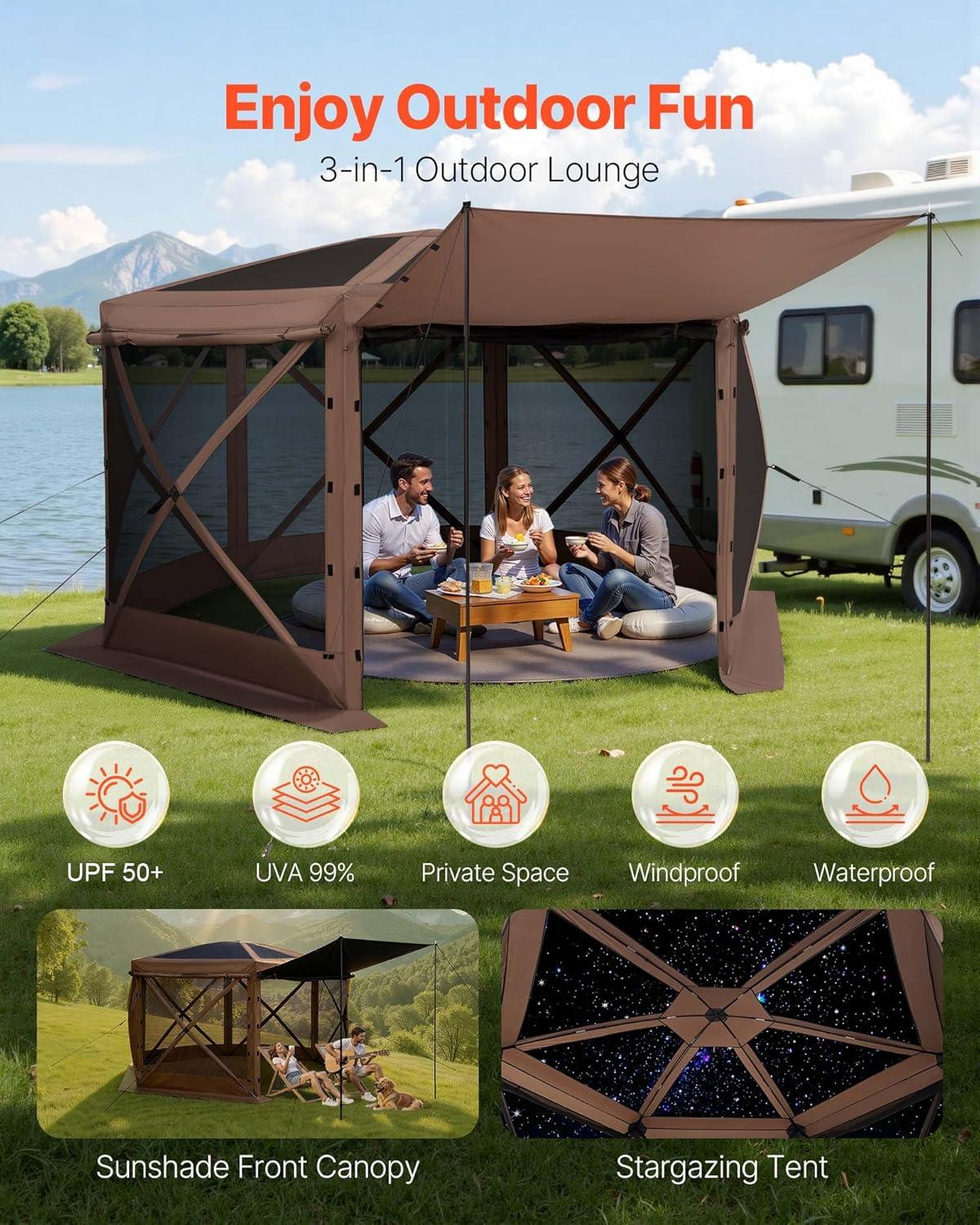 image:imageVEVOR Pop Up Gazebo Screen Tent 6 Sided Canopy Sun Shelter with 6 Removable Privacy Wind Cloths amp Mesh Windows 115x115FT Quick Set Screen Tent with Mosquito Netting BrownBrown