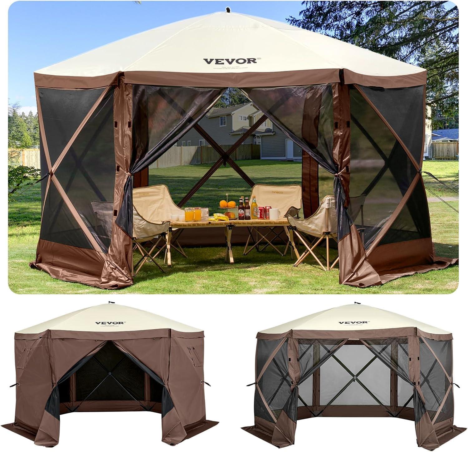 image:imageVEVOR Pop Up Gazebo Screen Tent 6 Sided Canopy Sun Shelter with 6 Removable Privacy Wind Cloths amp Mesh Windows 115x115FT Quick Set Screen Tent with Mosquito Netting BrownBrown