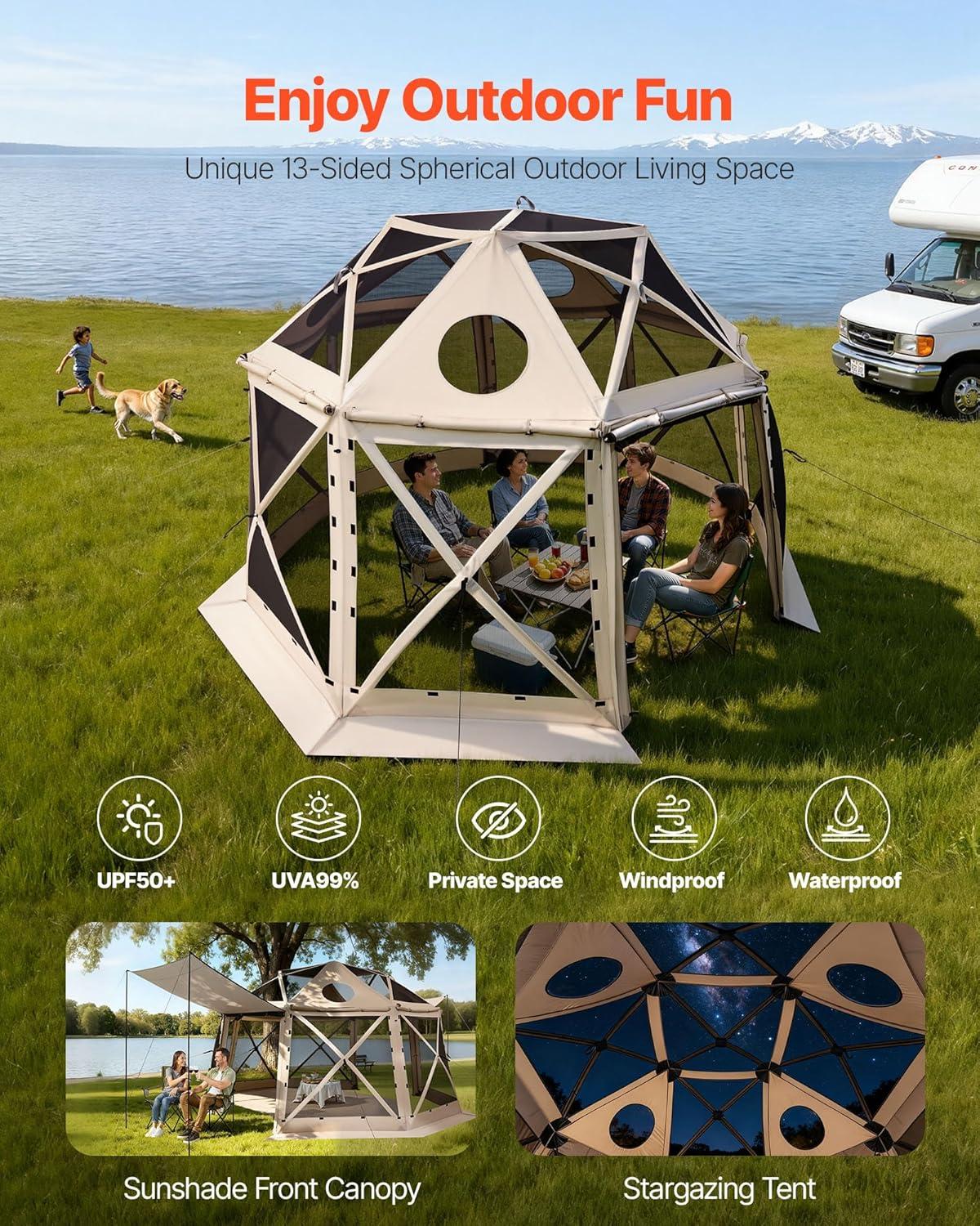 image:imageVEVOR Pop Up Gazebo Screen Tent 6 Sided Canopy Sun Shelter with 6 Removable Privacy Wind Cloths amp Mesh Windows 115x115FT Quick Set Screen Tent with Mosquito Netting BrownBeige