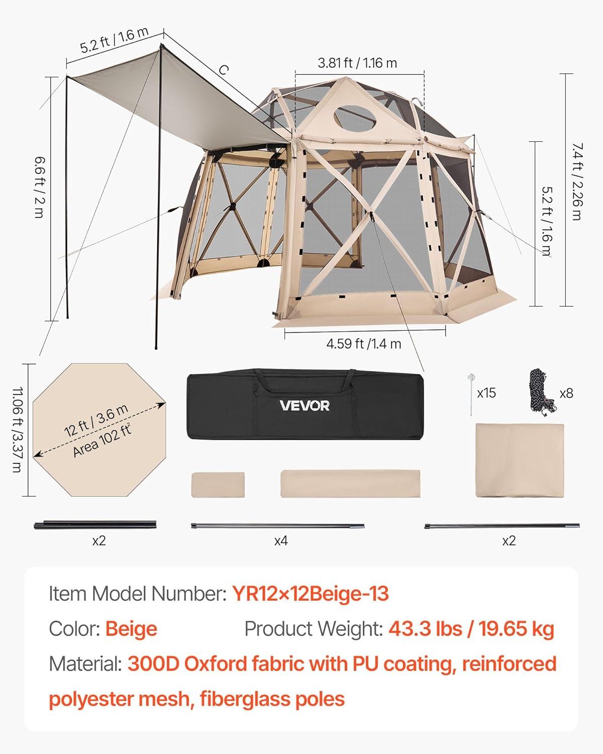image:imageVEVOR Pop Up Gazebo Screen Tent 6 Sided Canopy Sun Shelter with 6 Removable Privacy Wind Cloths amp Mesh Windows 115x115FT Quick Set Screen Tent with Mosquito Netting BrownBeige