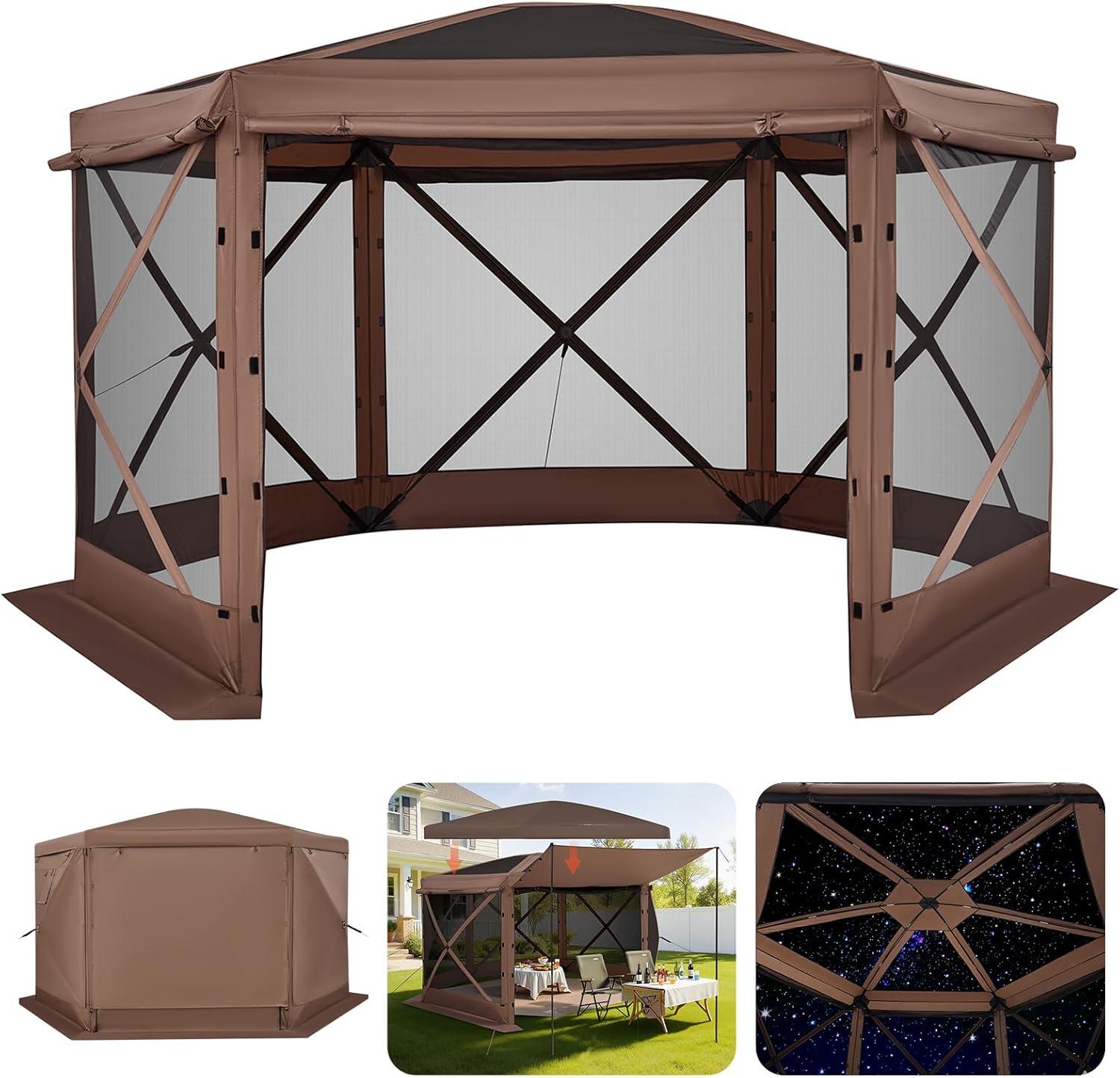 image:imageVEVOR Pop Up Gazebo Screen Tent 6 Sided Canopy Sun Shelter with 6 Removable Privacy Wind Cloths amp Mesh Windows 115x115FT Quick Set Screen Tent with Mosquito Netting BrownBrown