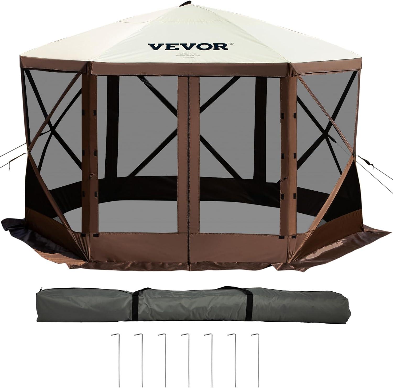 image:imageVEVOR Pop Up Gazebo Screen Tent 6 Sided Canopy Sun Shelter with 6 Removable Privacy Wind Cloths amp Mesh Windows 115x115FT Quick Set Screen Tent with Mosquito Netting BrownBrown