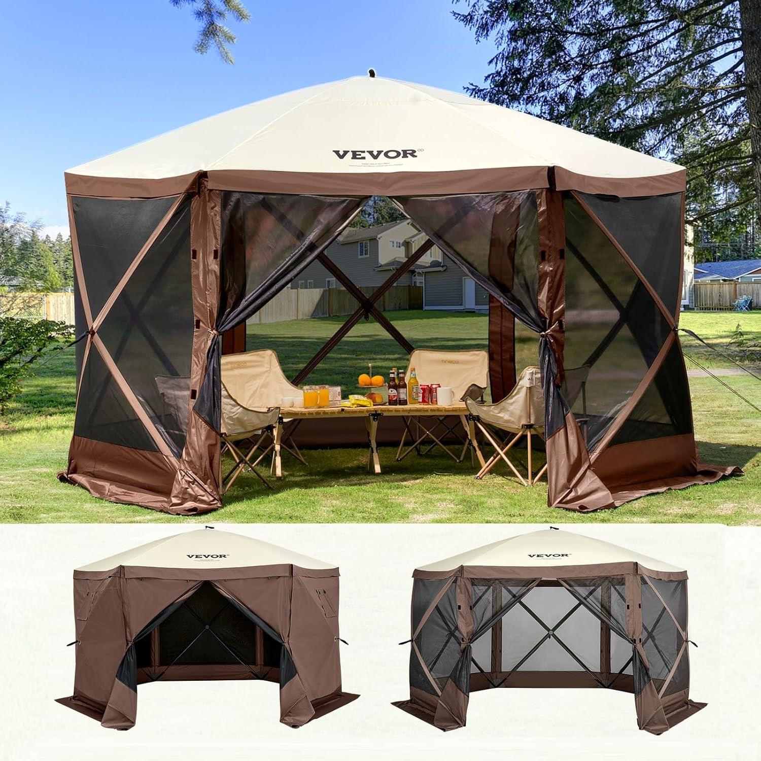 image:imageVEVOR Pop Up Gazebo Screen Tent 6 Sided Canopy Sun Shelter with 6 Removable Privacy Wind Cloths amp Mesh Windows 115x115FT Quick Set Screen Tent with Mosquito Netting BrownBrown
