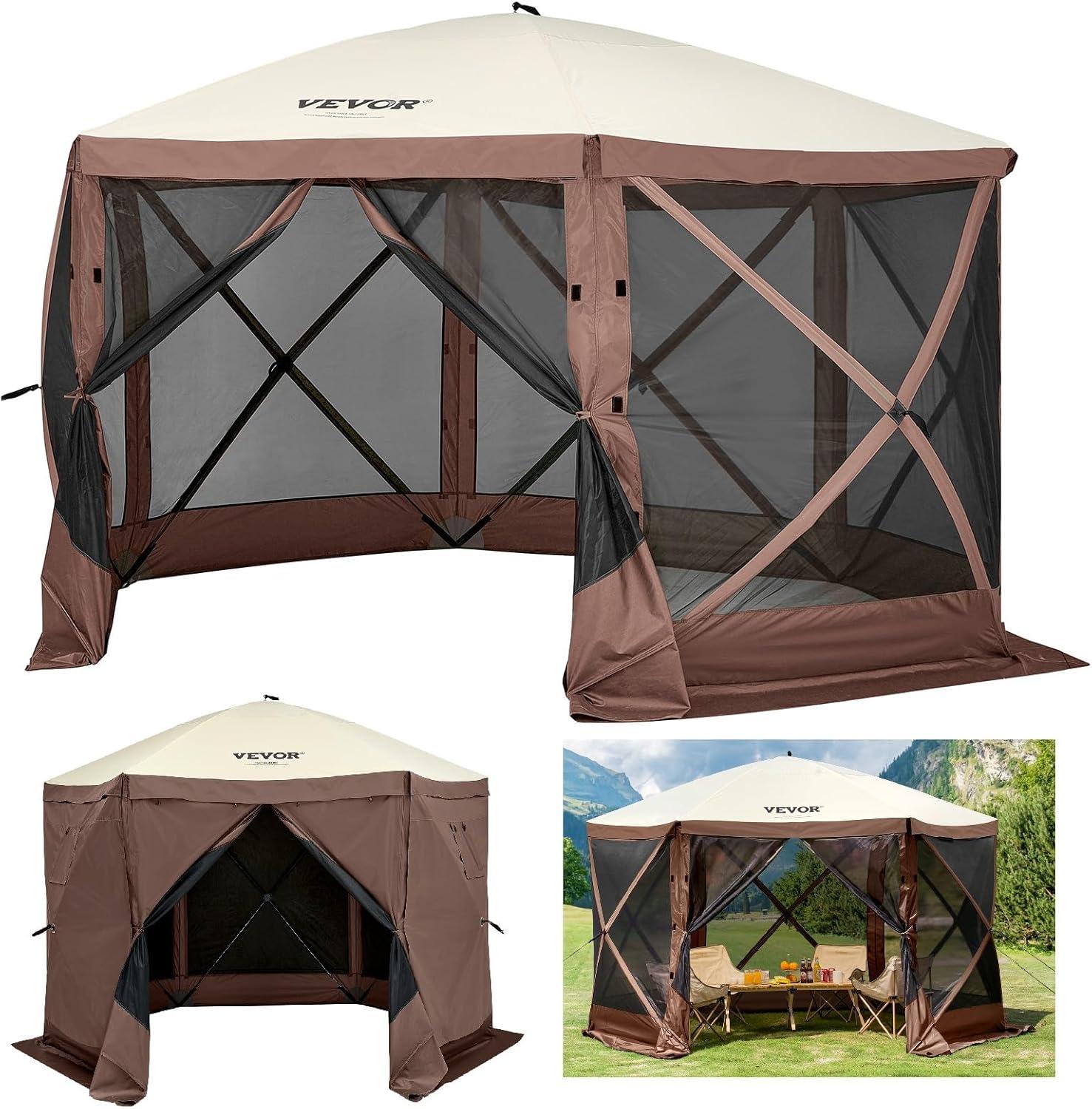 image:imageVEVOR Pop Up Gazebo Screen Tent 6 Sided Canopy Sun Shelter with 6 Removable Privacy Wind Cloths amp Mesh Windows 115x115FT Quick Set Screen Tent with Mosquito Netting BrownBrown